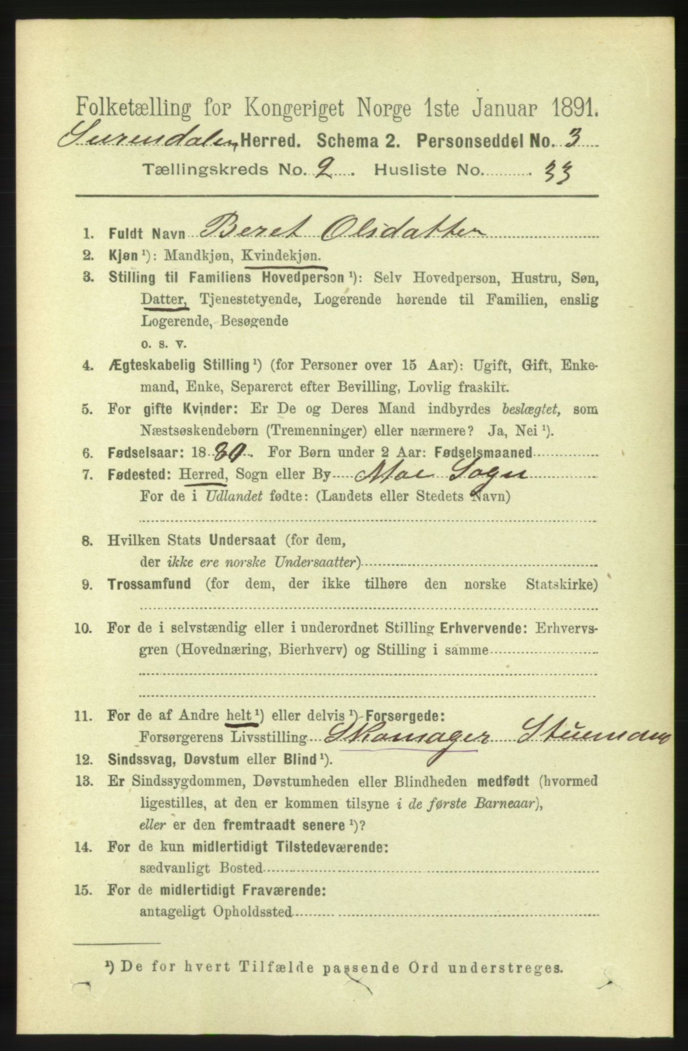 RA, 1891 census for 1566 Surnadal, 1891, p. 729