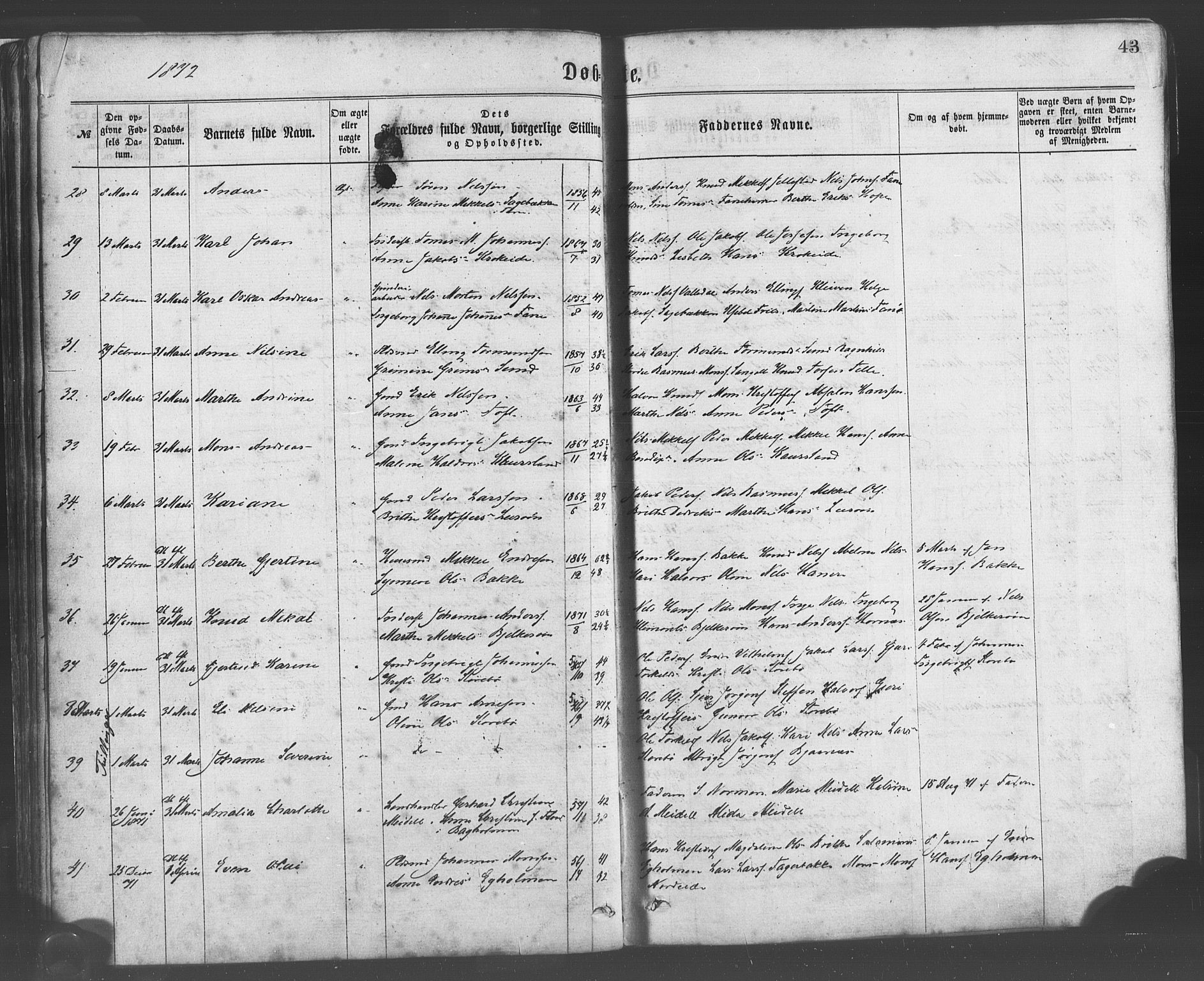 Sund sokneprestembete, SAB/A-99930: Parish register (official) no. A 15, 1867-1881, p. 43