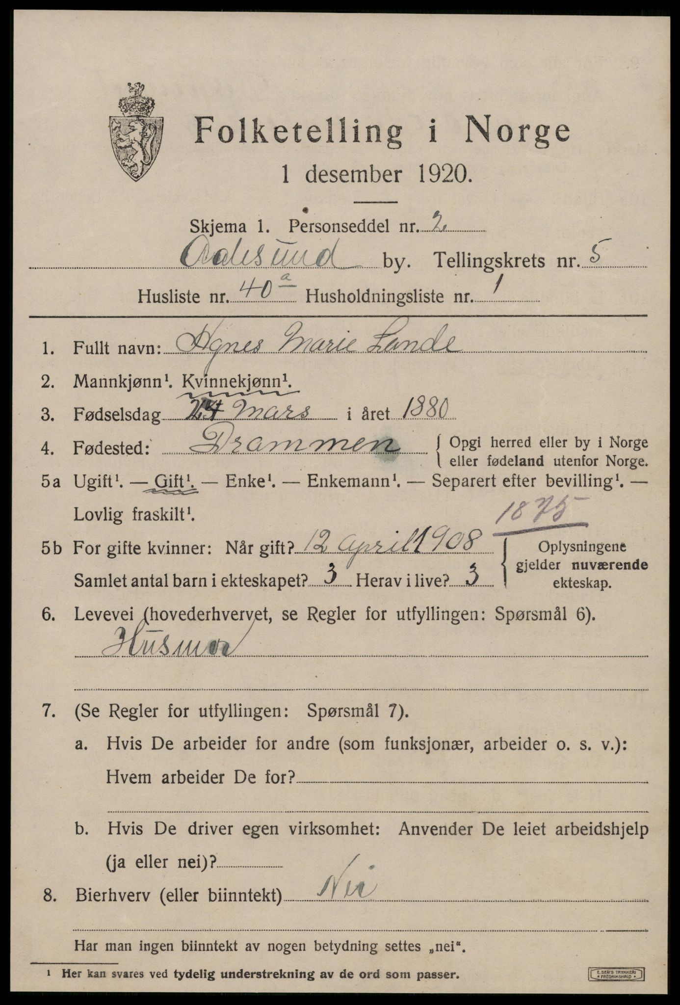 SAT, 1920 census for Ålesund, 1920, p. 17616