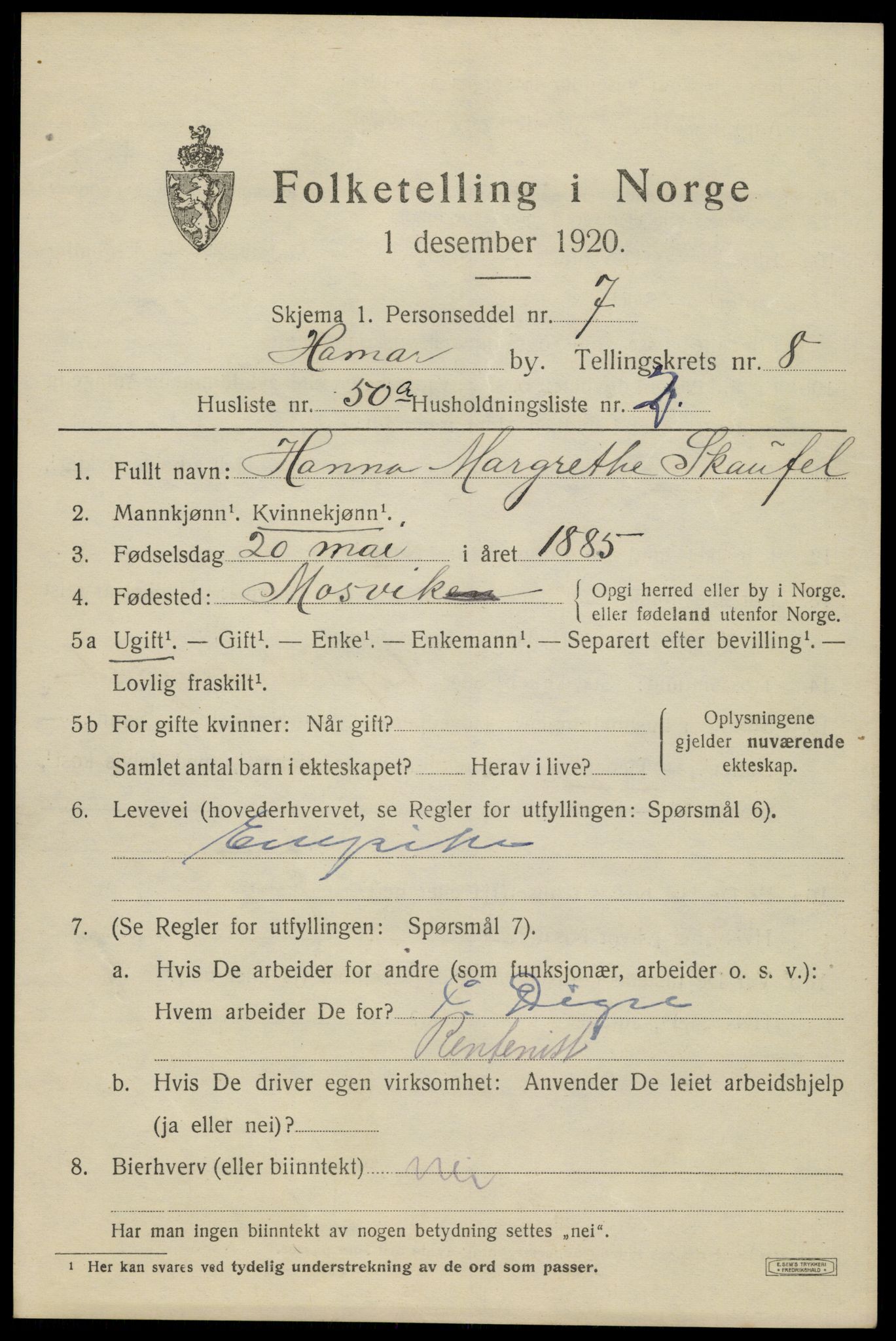 SAH, 1920 census for Hamar, 1920, p. 15837