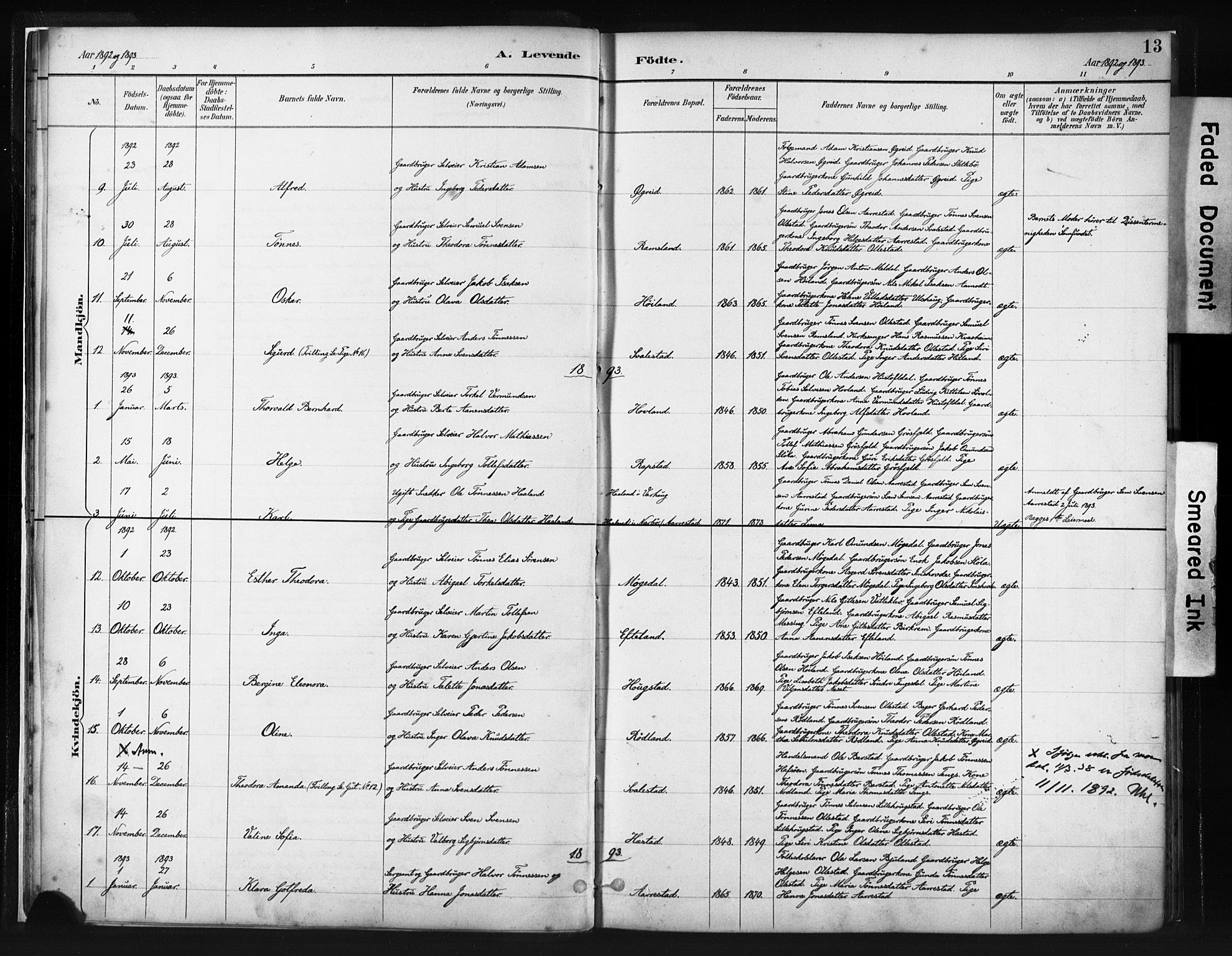 Helleland sokneprestkontor, SAST/A-101810: Parish register (official) no. A 8, 1887-1907, p. 13