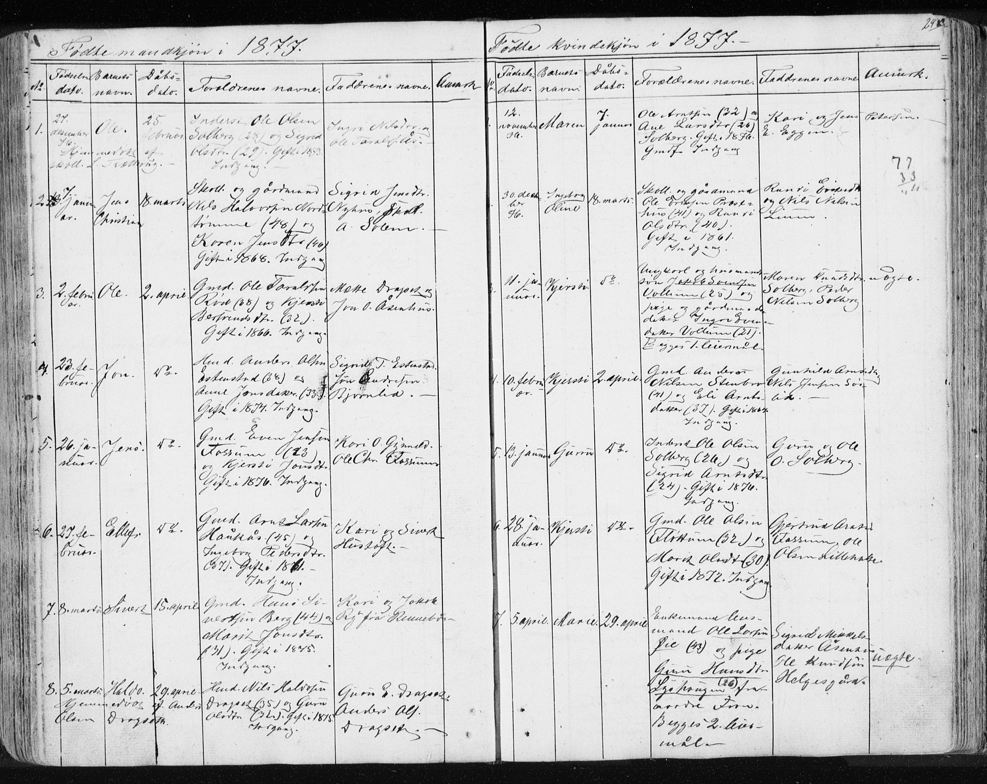 Ministerialprotokoller, klokkerbøker og fødselsregistre - Sør-Trøndelag, SAT/A-1456/689/L1043: Parish register (copy) no. 689C02, 1816-1892, p. 242