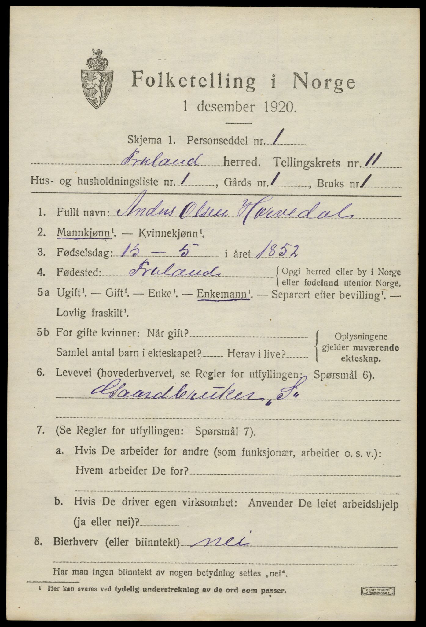 SAK, 1920 census for Froland, 1920, p. 5675