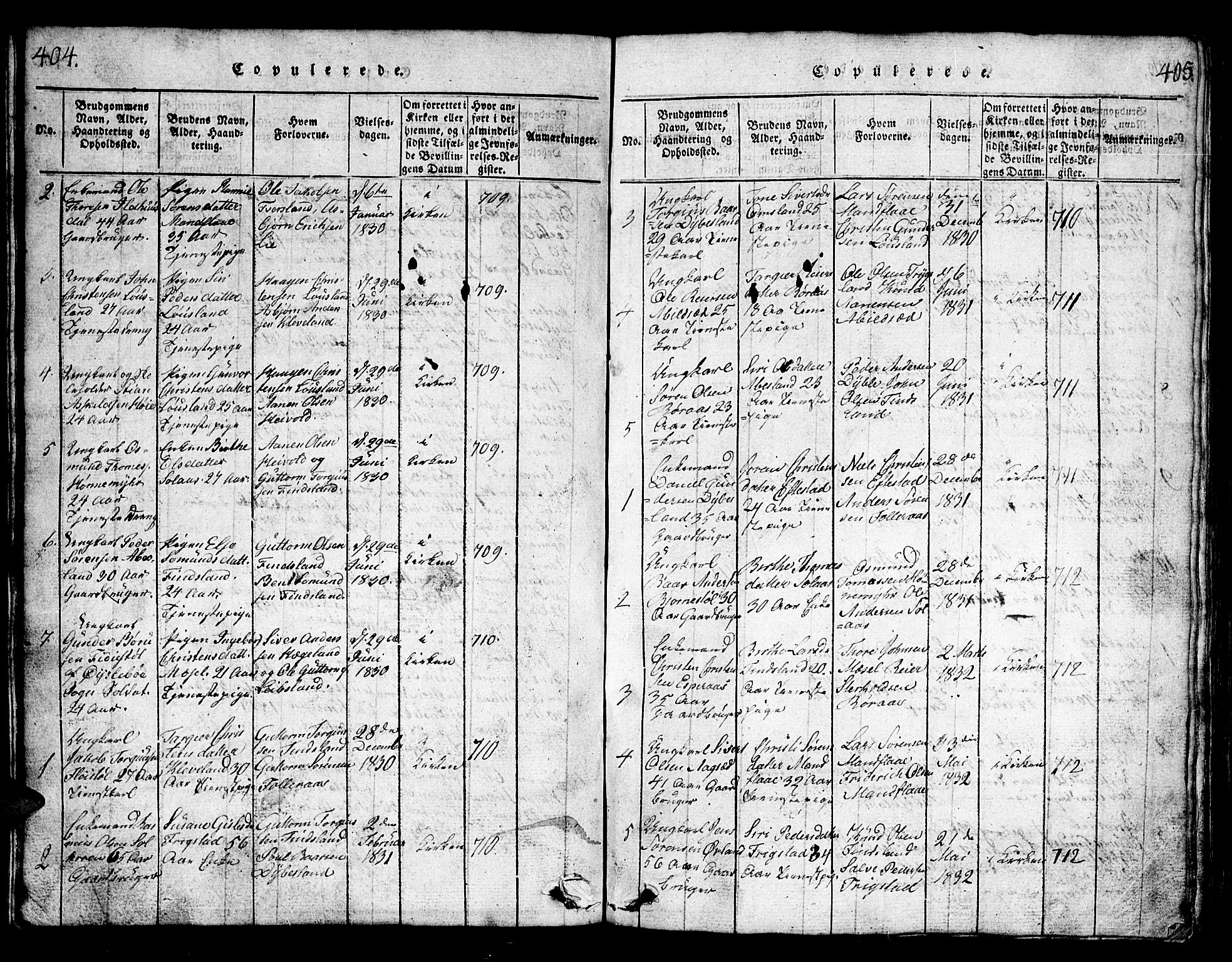 Bjelland sokneprestkontor, SAK/1111-0005/F/Fb/Fbb/L0003: Parish register (copy) no. B 3, 1816-1868, p. 404-405