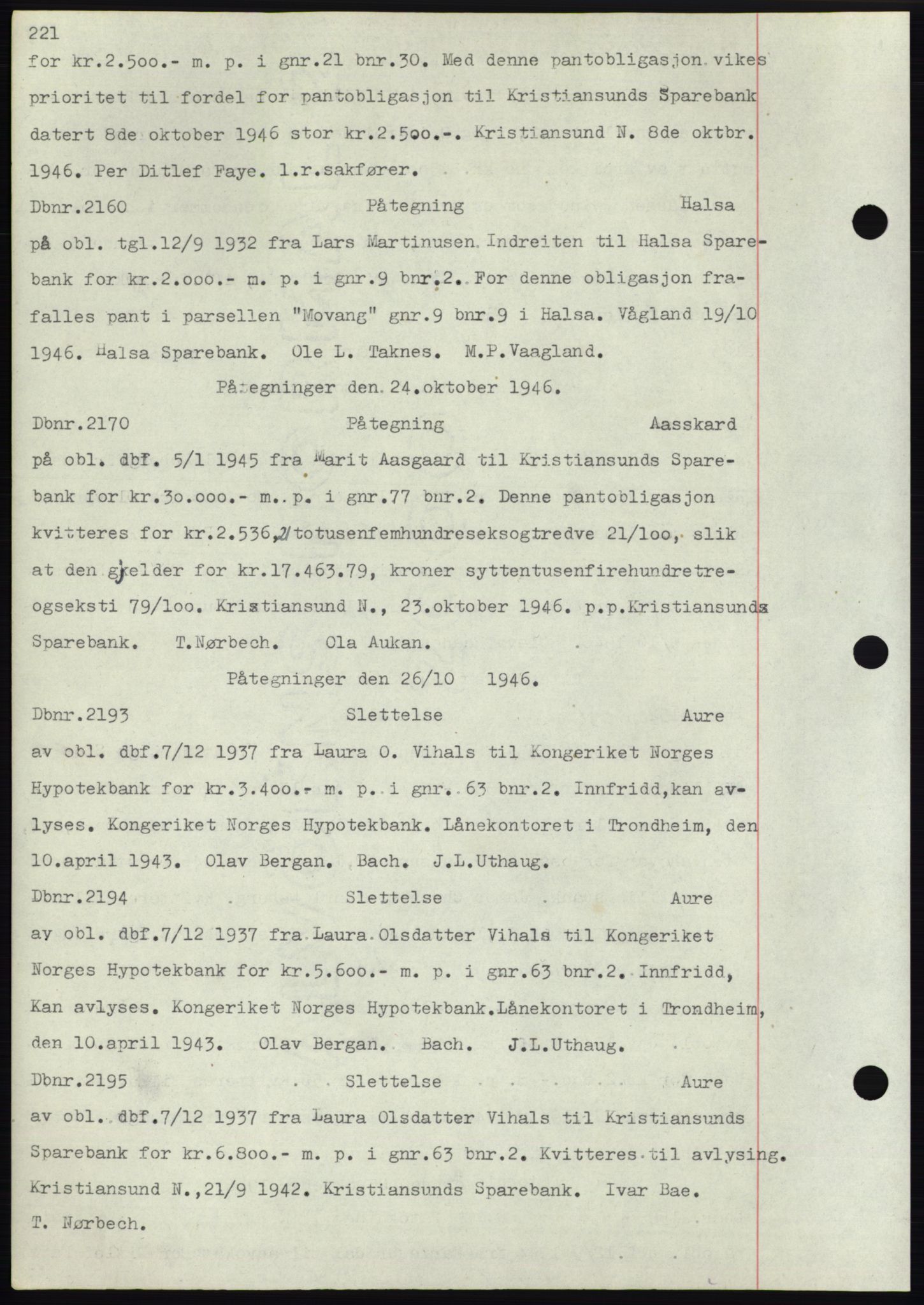 Nordmøre sorenskriveri, SAT/A-4132/1/2/2Ca: Mortgage book no. C82b, 1946-1951, Diary no: : 2160/1946