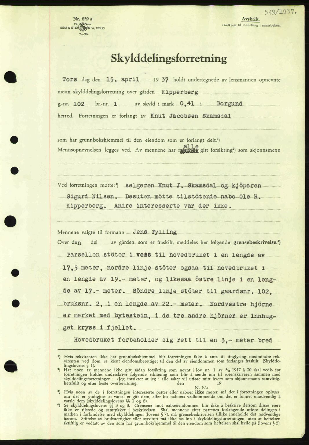 Nordre Sunnmøre sorenskriveri, AV/SAT-A-0006/1/2/2C/2Ca: Mortgage book no. A2, 1936-1937, Diary no: : 549/1937