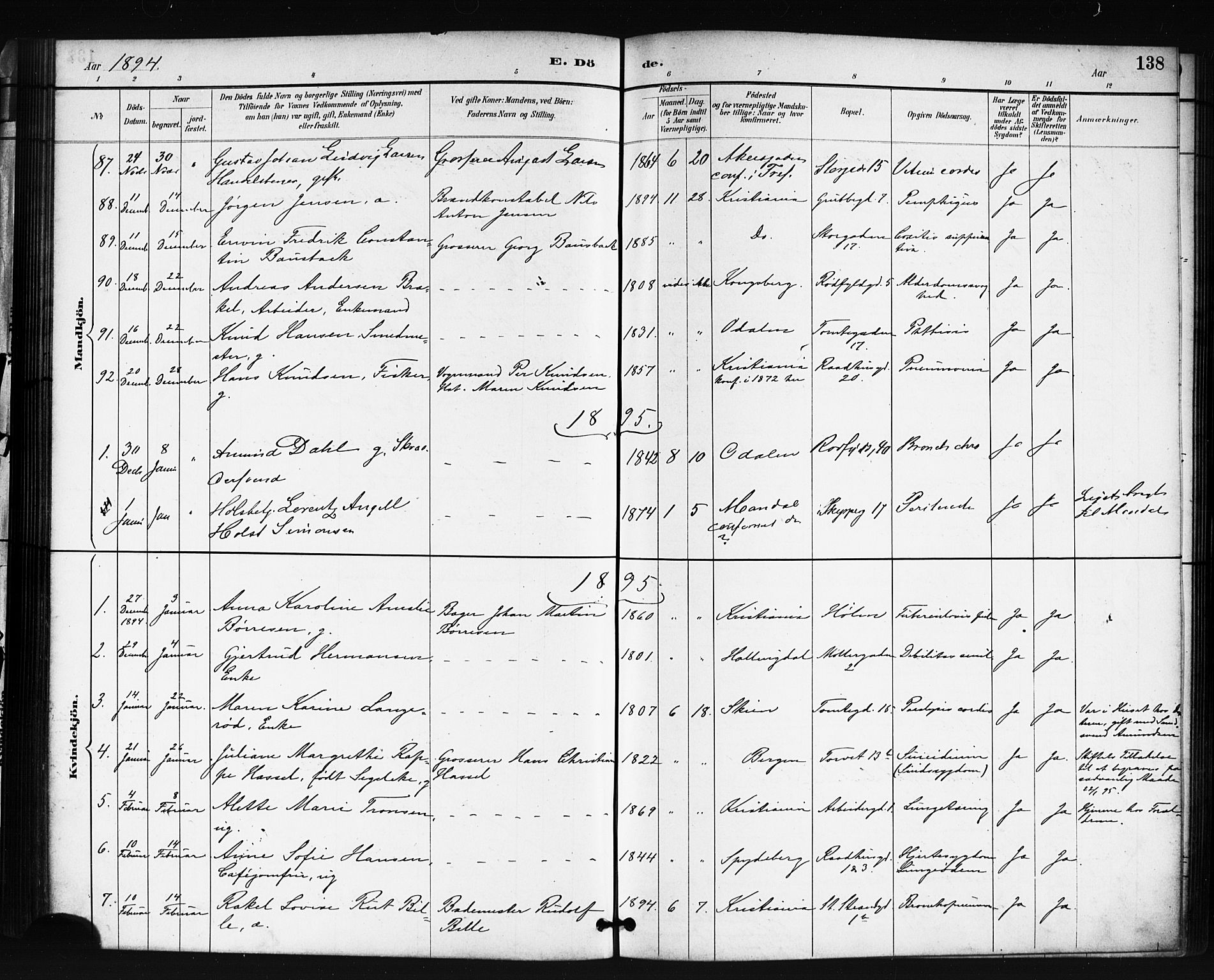 Oslo domkirke Kirkebøker, SAO/A-10752/F/Fa/L0035: Parish register (official) no. 35, 1885-1901, p. 138