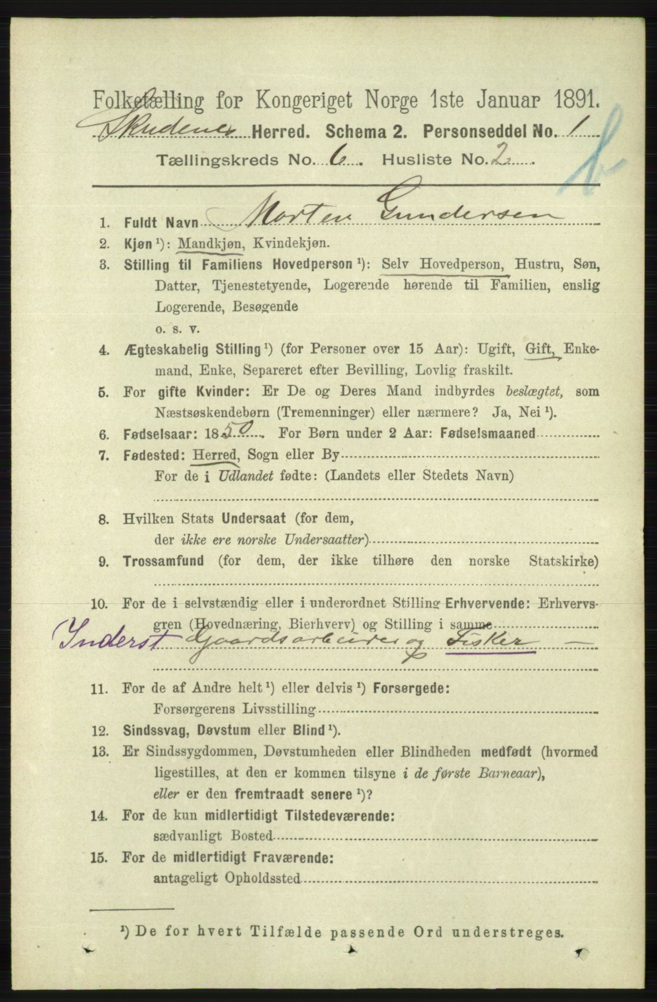 RA, 1891 census for 1150 Skudenes, 1891, p. 5597