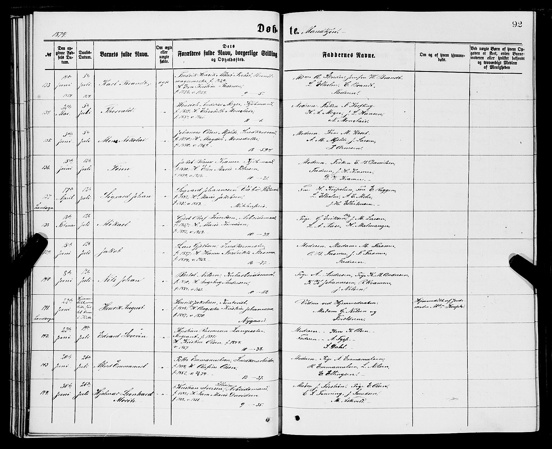 Domkirken sokneprestembete, SAB/A-74801/H/Hab/L0013: Parish register (copy) no. B 6, 1869-1876, p. 92
