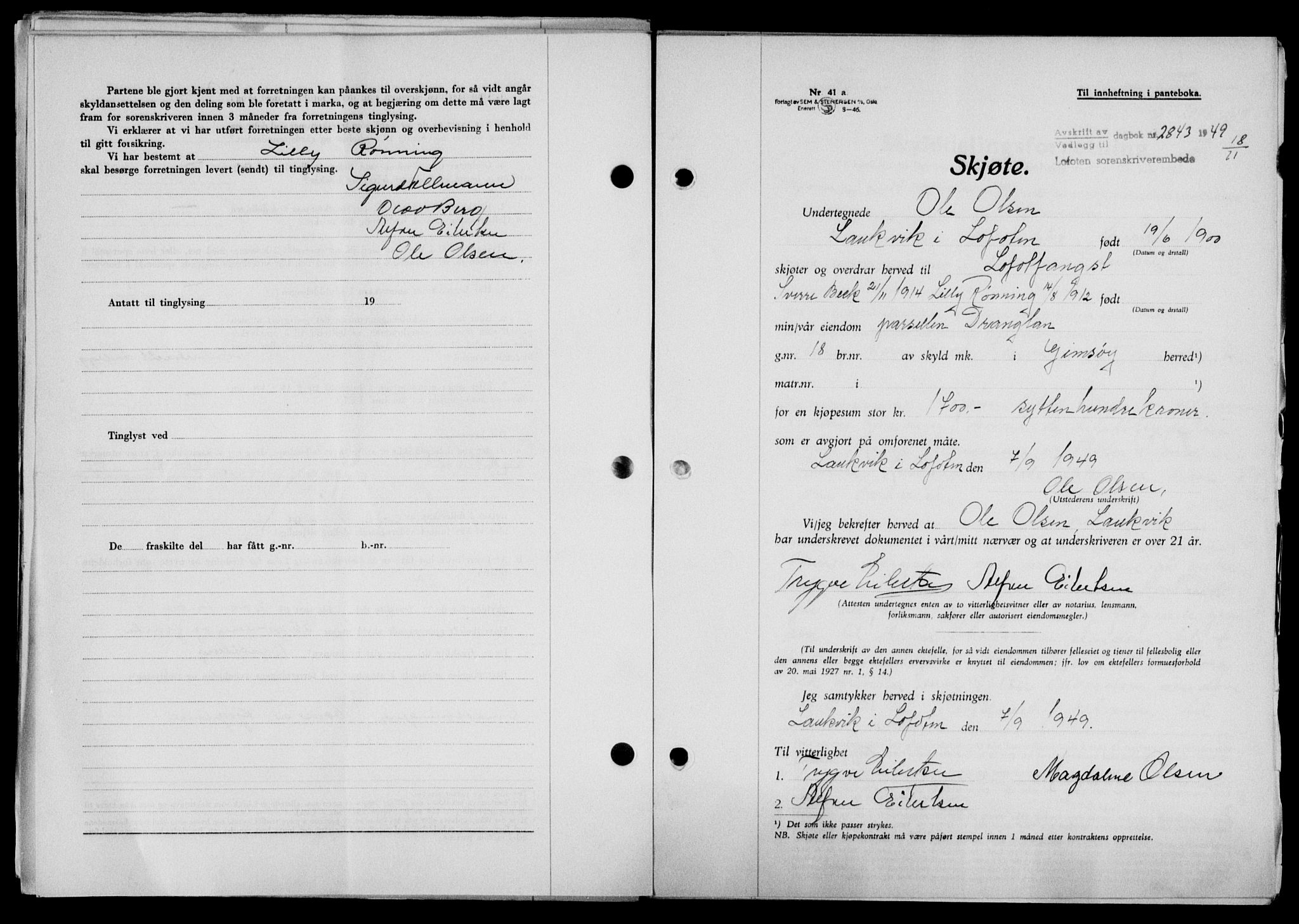 Lofoten sorenskriveri, SAT/A-0017/1/2/2C/L0022a: Mortgage book no. 22a, 1949-1950, Diary no: : 2843/1949