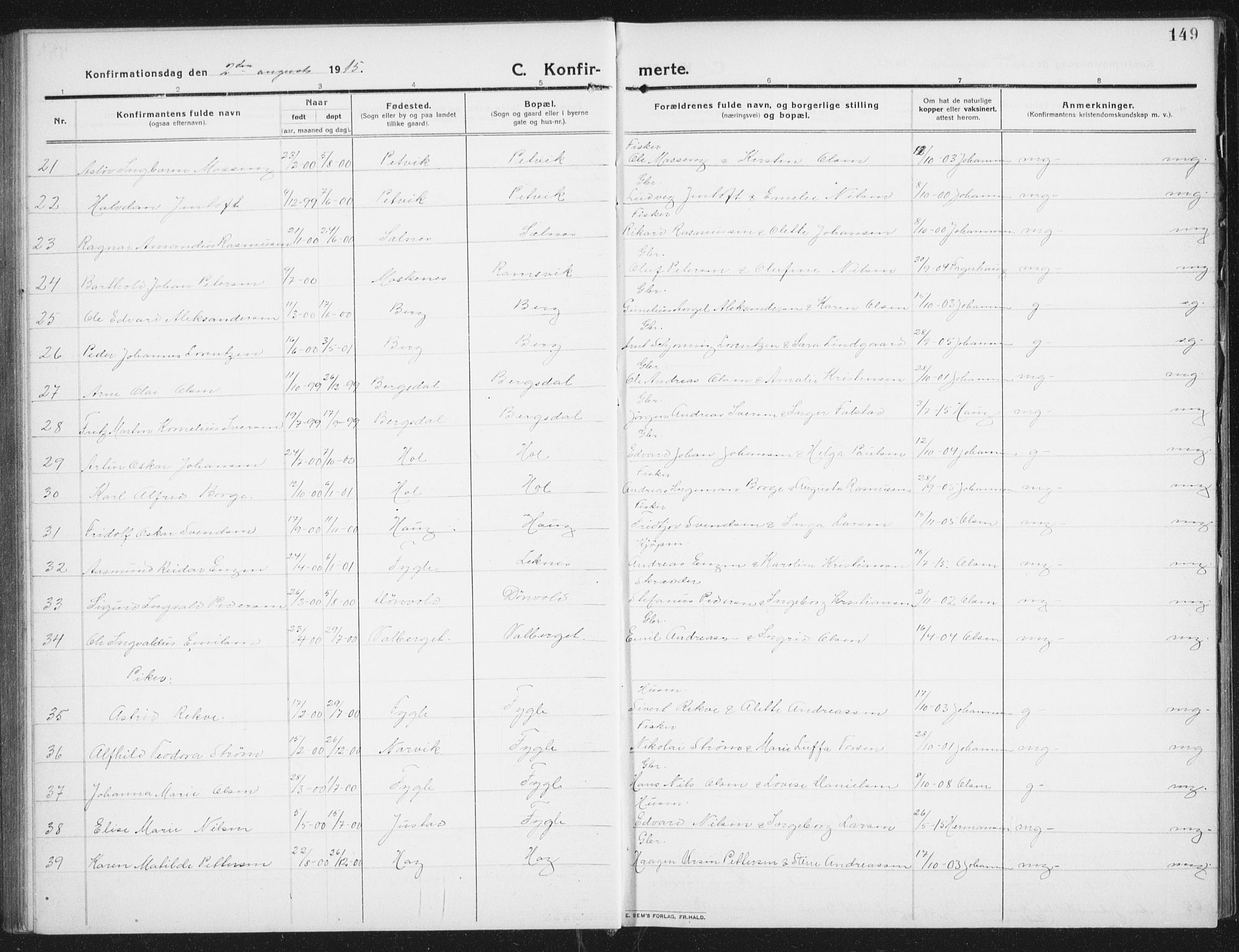 Ministerialprotokoller, klokkerbøker og fødselsregistre - Nordland, SAT/A-1459/882/L1183: Parish register (copy) no. 882C01, 1911-1938, p. 149