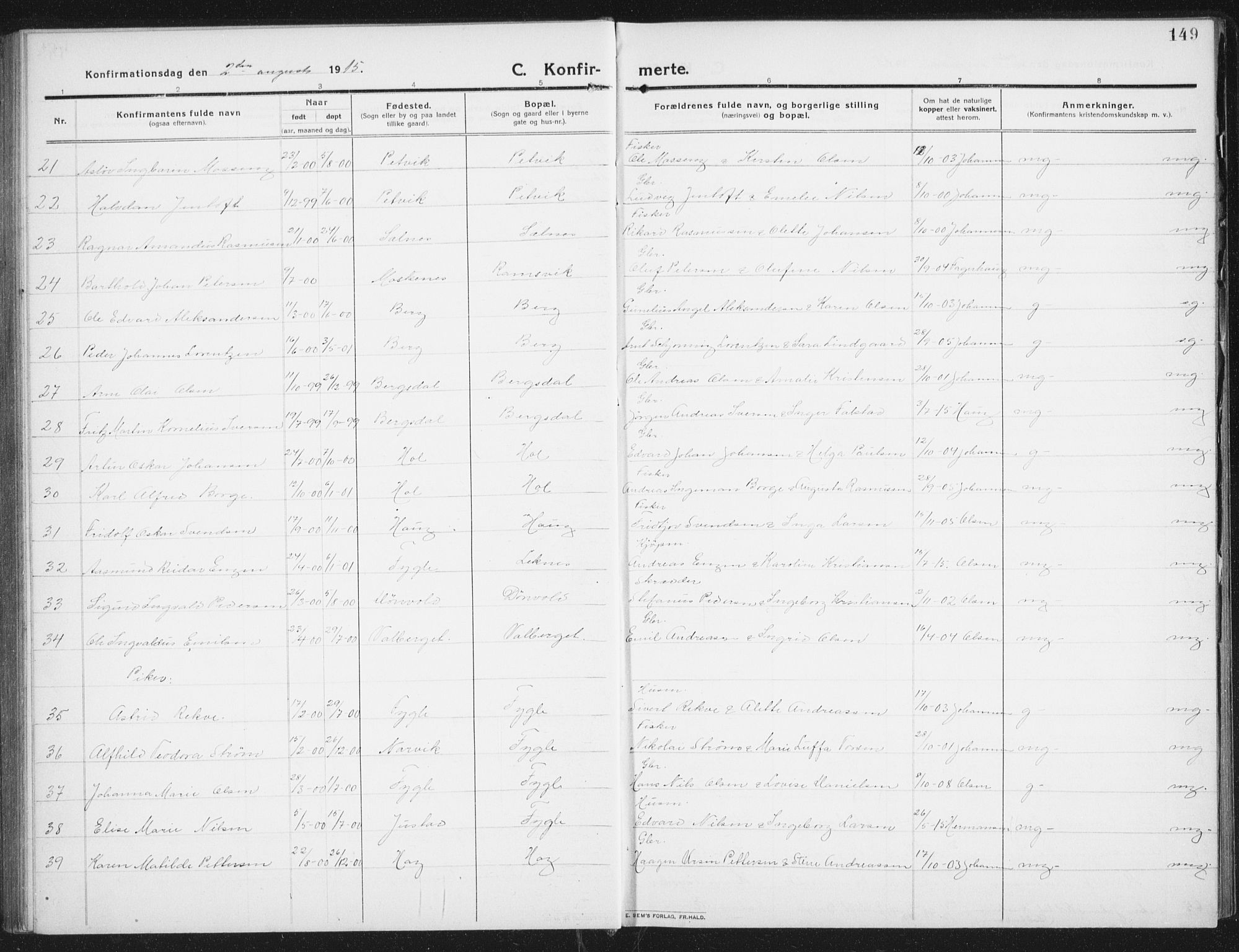 Ministerialprotokoller, klokkerbøker og fødselsregistre - Nordland, AV/SAT-A-1459/882/L1183: Parish register (copy) no. 882C01, 1911-1938, p. 149