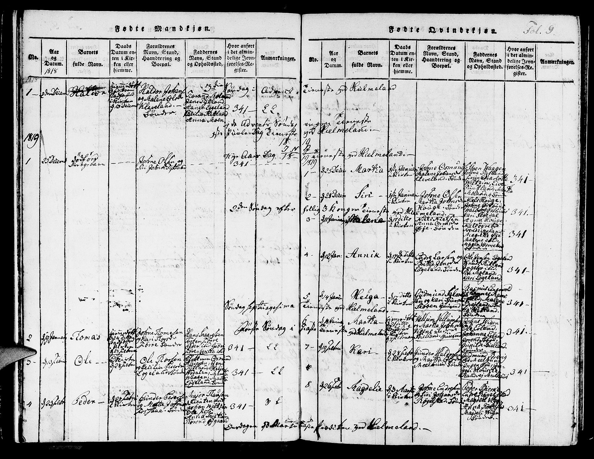 Hjelmeland sokneprestkontor, AV/SAST-A-101843/01/IV/L0003: Parish register (official) no. A 3, 1816-1834, p. 9