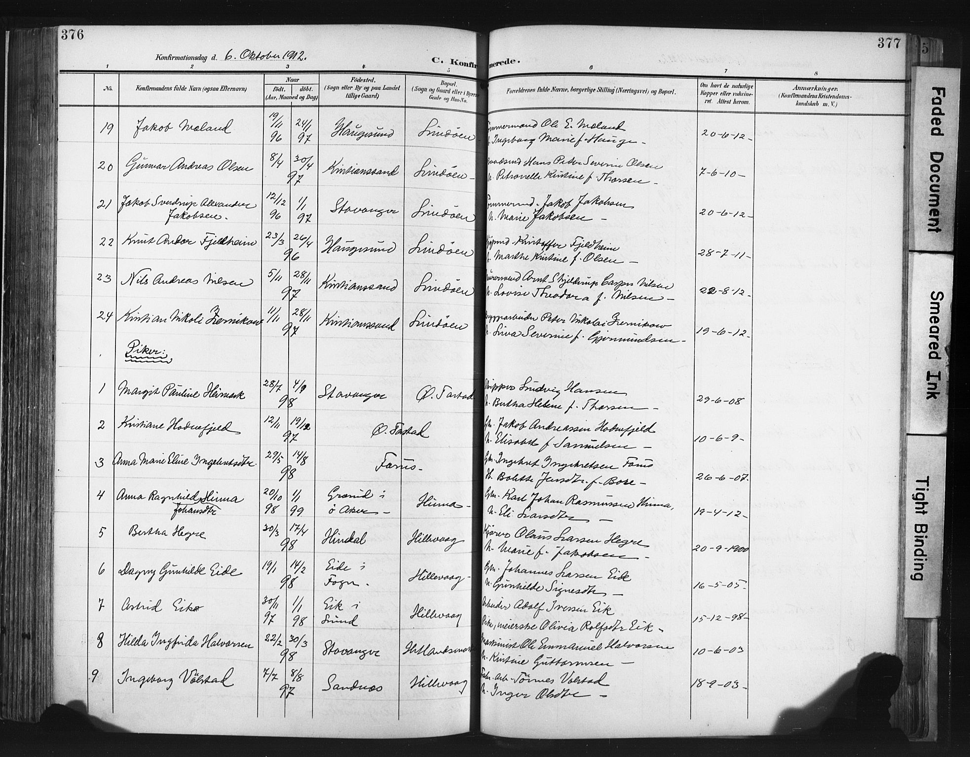 Hetland sokneprestkontor, SAST/A-101826/30/30BA/L0013: Parish register (official) no. A 13, 1904-1918, p. 376-377