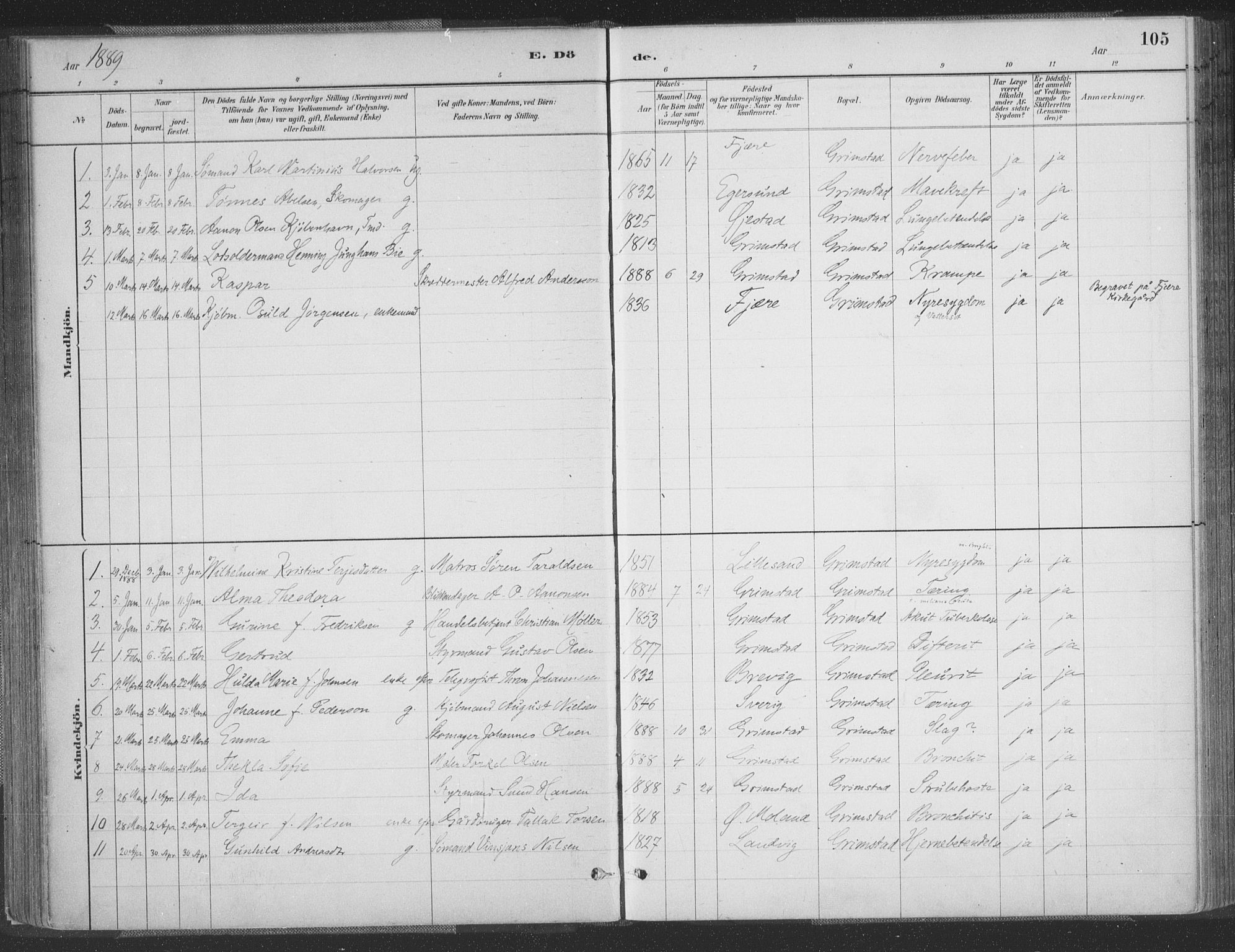 Grimstad sokneprestkontor, SAK/1111-0017/F/Fa/L0004: Parish register (official) no. A 3, 1882-1910, p. 105