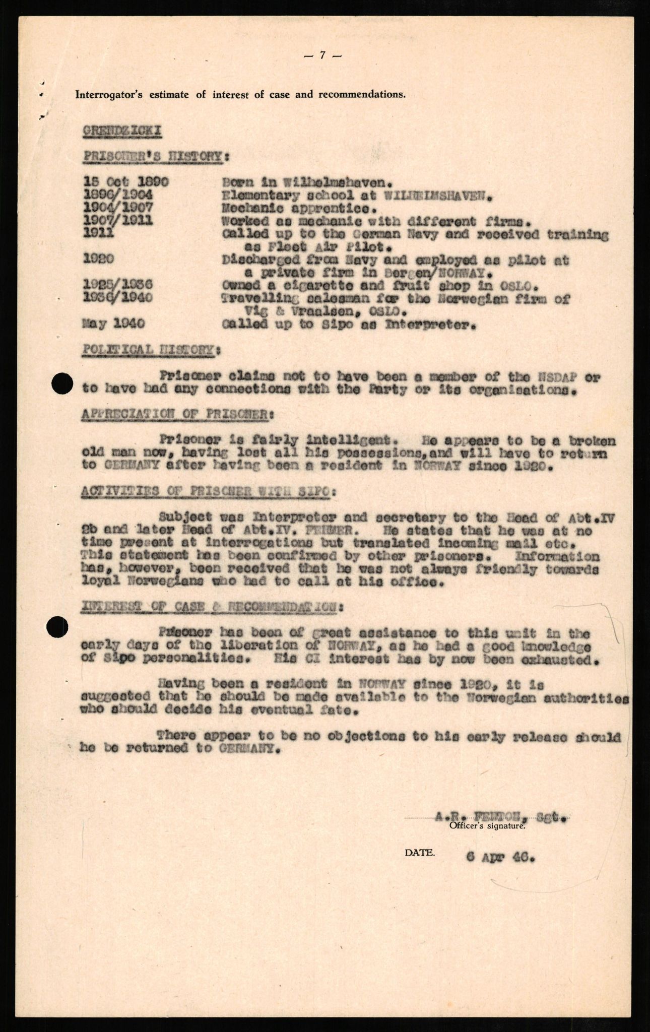 Forsvaret, Forsvarets overkommando II, AV/RA-RAFA-3915/D/Db/L0010: CI Questionaires. Tyske okkupasjonsstyrker i Norge. Tyskere., 1945-1946, p. 167