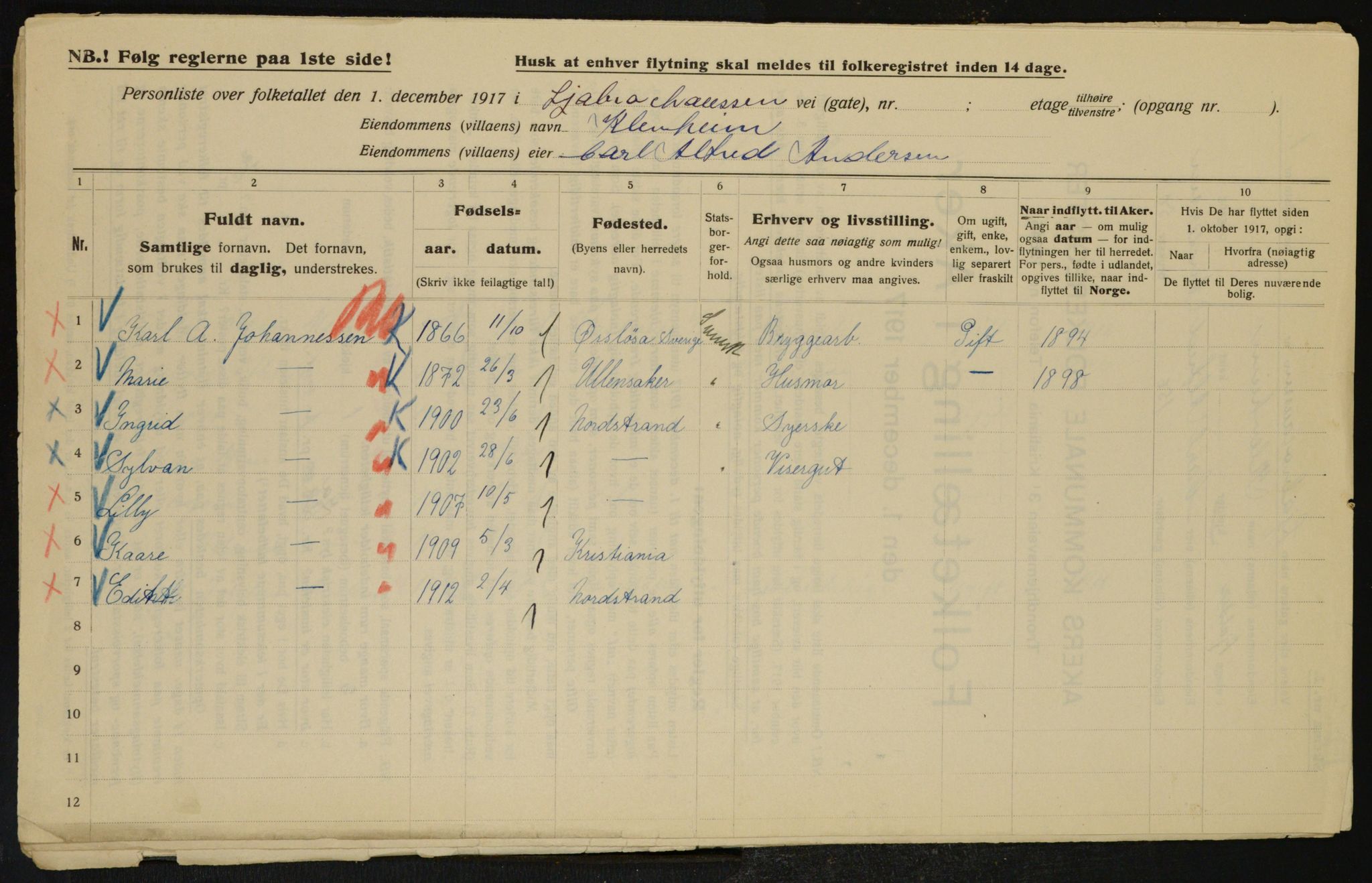 OBA, Municipal Census 1917 for Aker, 1917, p. 20138