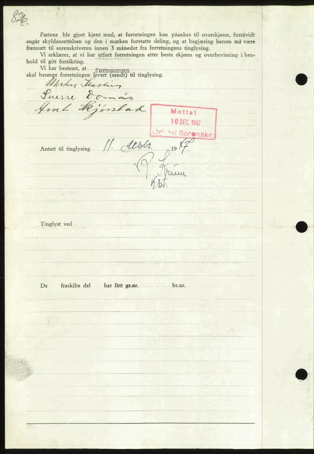 Orkdal sorenskriveri, SAT/A-4169/1/2/2C: Mortgage book no. A, 1947-1947, Diary no: : 1592/1947