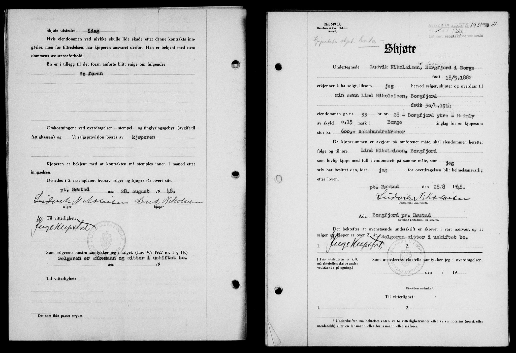 Lofoten sorenskriveri, SAT/A-0017/1/2/2C/L0019a: Mortgage book no. 19a, 1948-1948, Diary no: : 1931/1948