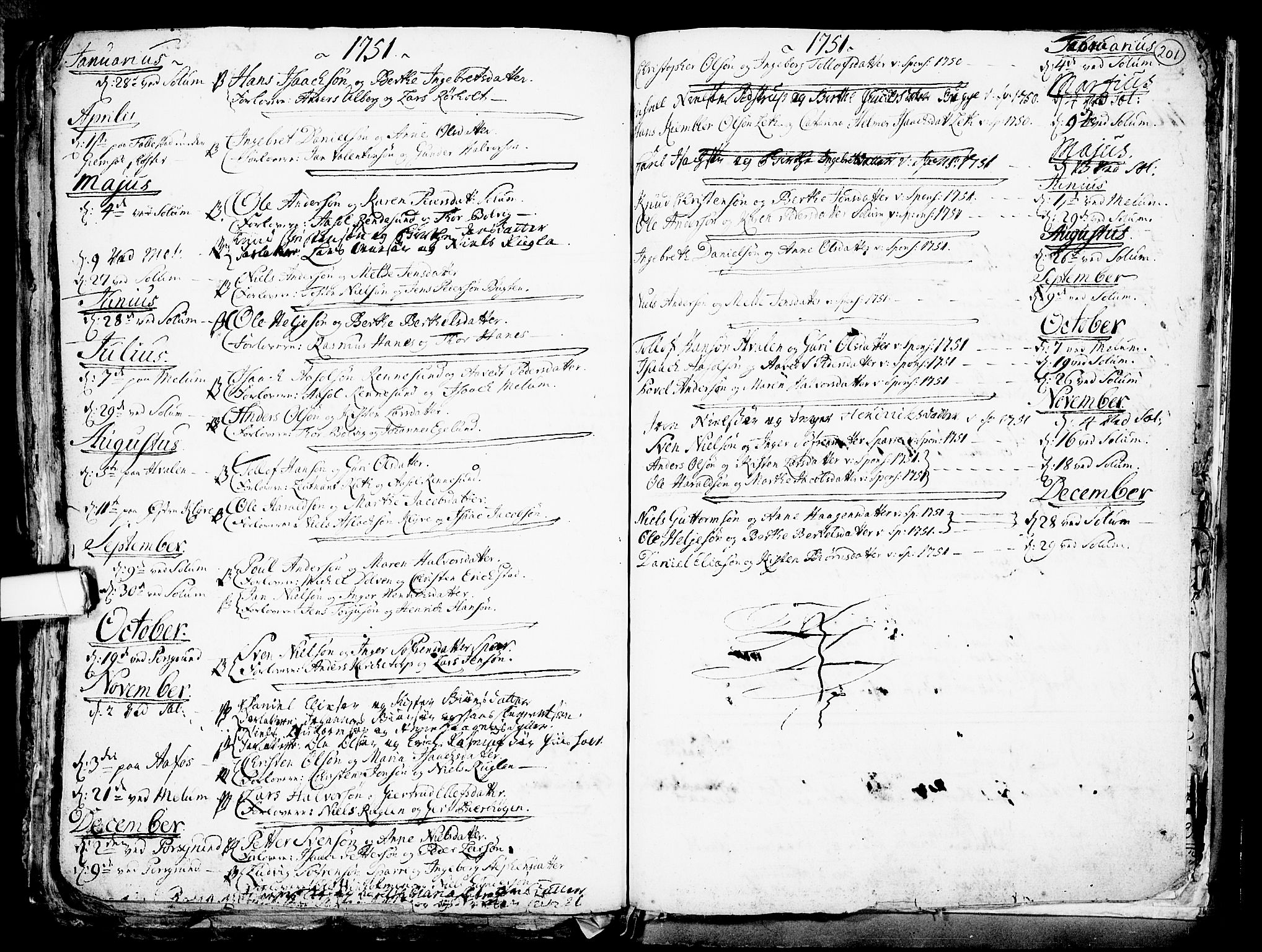 Solum kirkebøker, AV/SAKO-A-306/F/Fa/L0002: Parish register (official) no. I 2, 1713-1761, p. 201