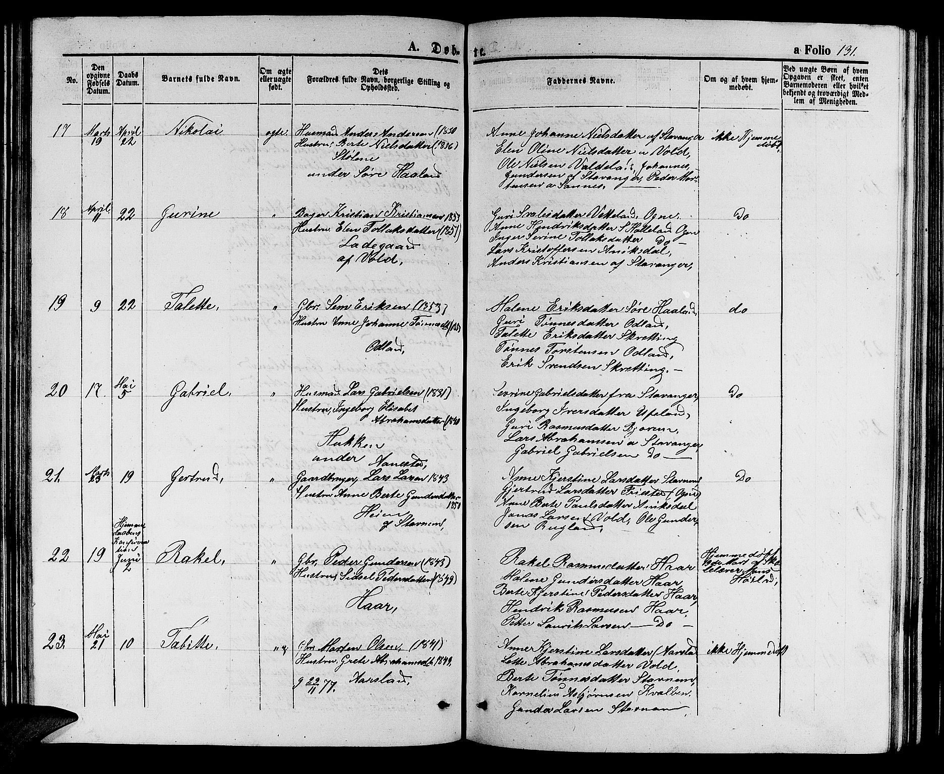 Hå sokneprestkontor, AV/SAST-A-101801/001/30BB/L0002: Parish register (copy) no. B 2, 1854-1883, p. 131