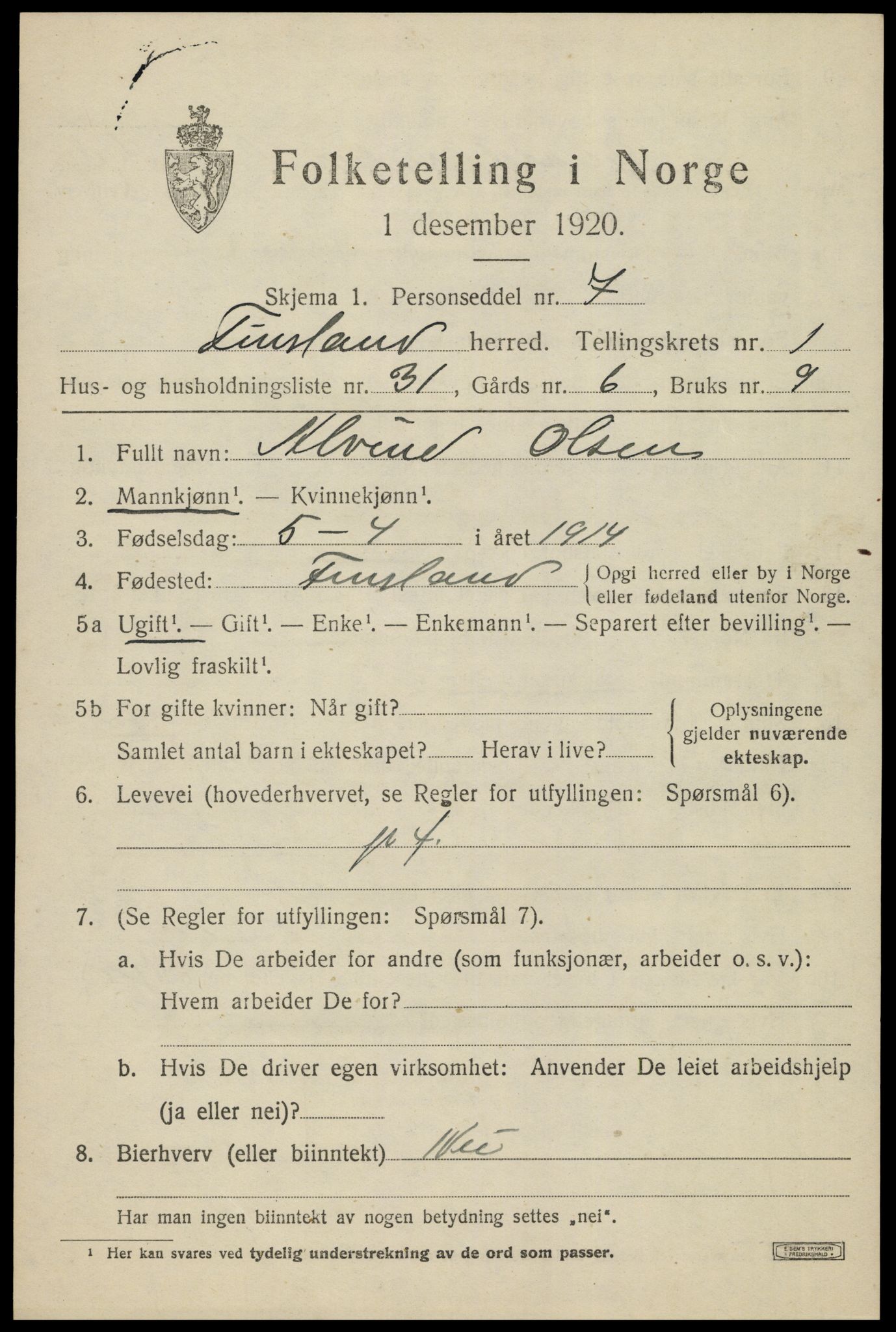 SAK, 1920 census for Finsland, 1920, p. 704