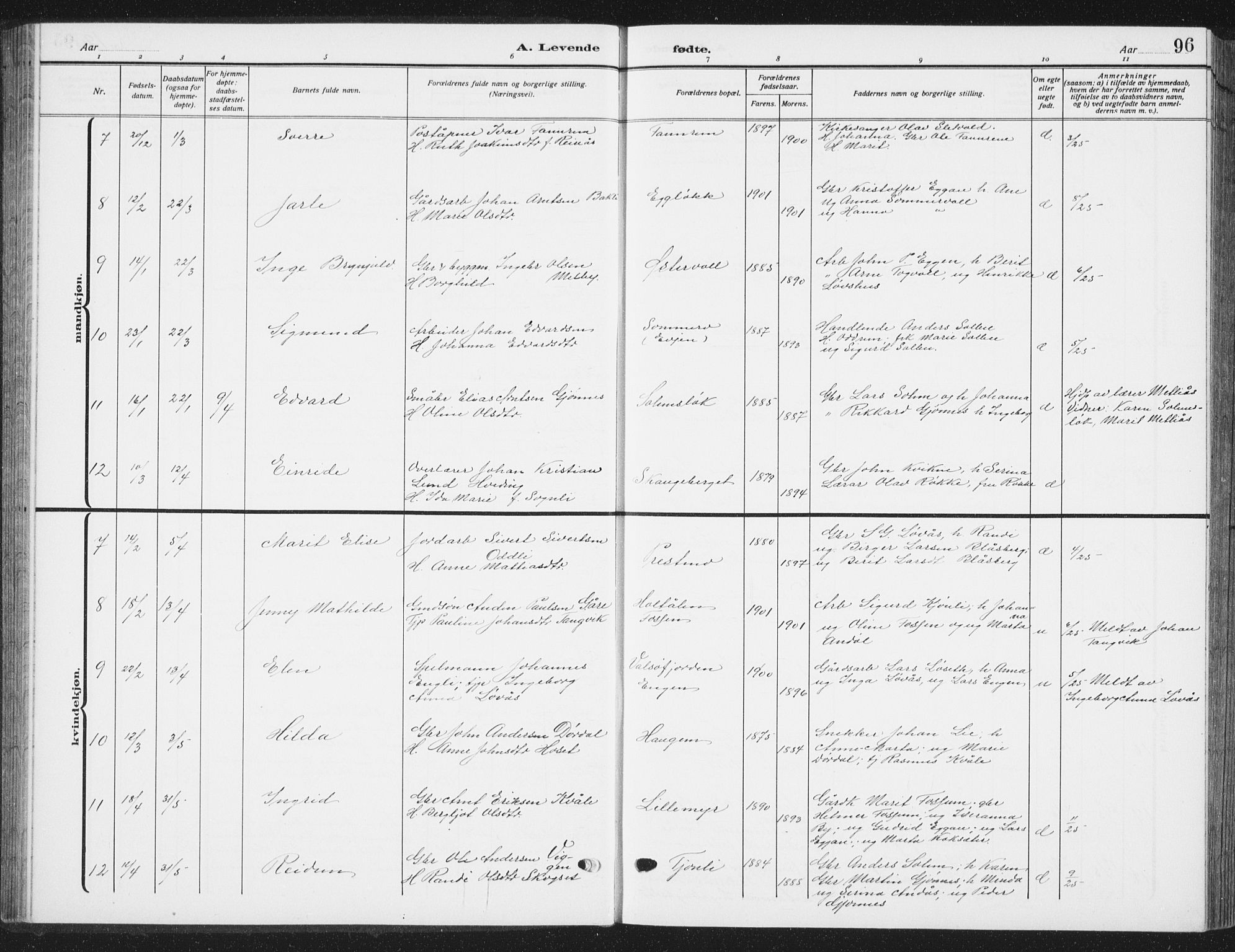 Ministerialprotokoller, klokkerbøker og fødselsregistre - Sør-Trøndelag, SAT/A-1456/668/L0820: Parish register (copy) no. 668C09, 1912-1936, p. 96