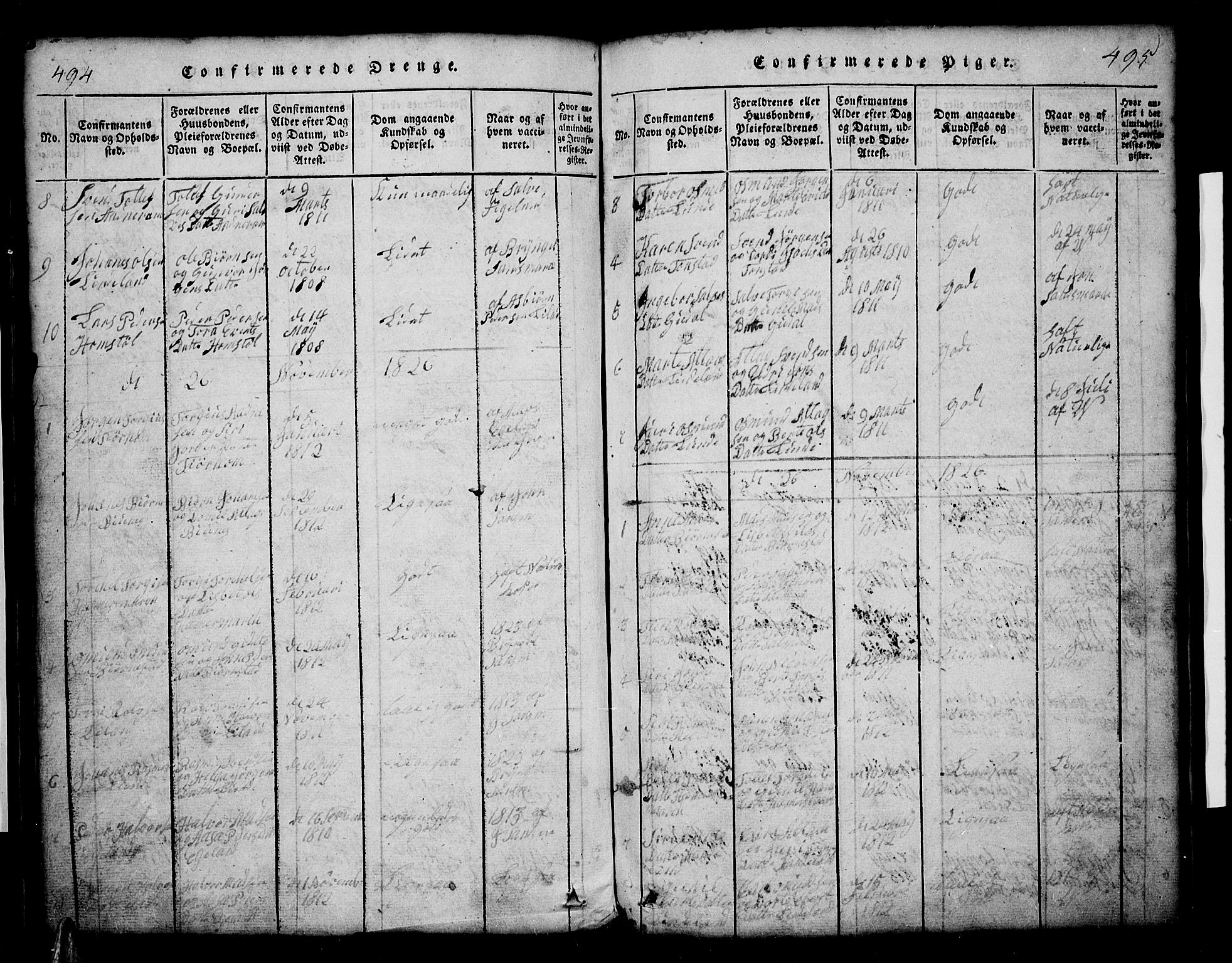 Sirdal sokneprestkontor, SAK/1111-0036/F/Fb/Fbb/L0001: Parish register (copy) no. B 1, 1815-1834, p. 494-495