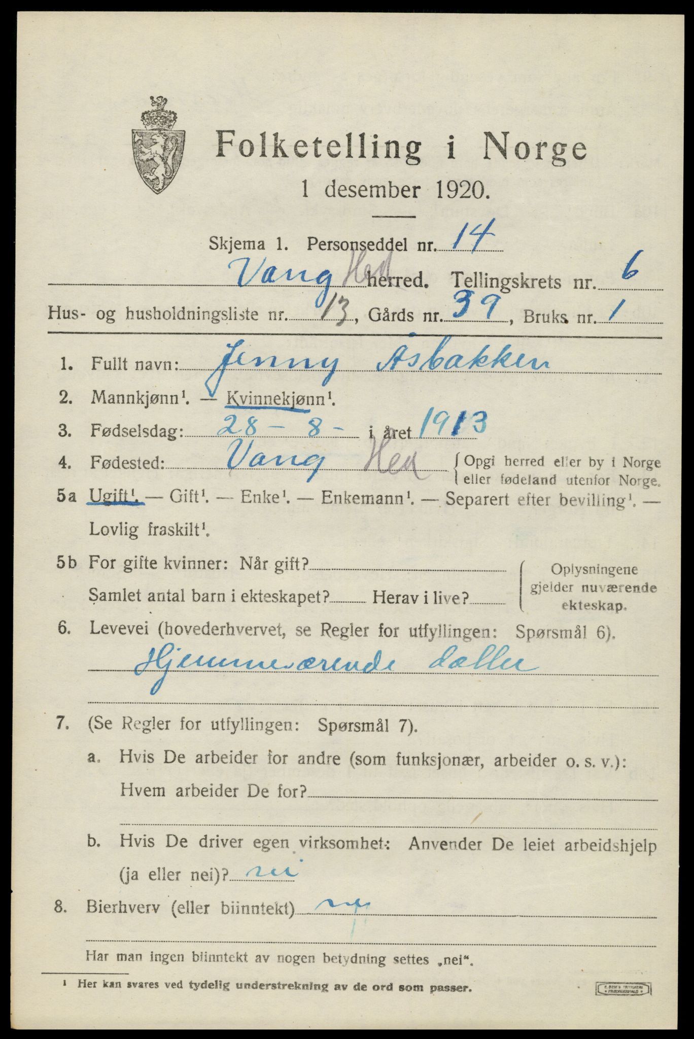 SAH, 1920 census for Vang (Hedmark), 1920, p. 15371