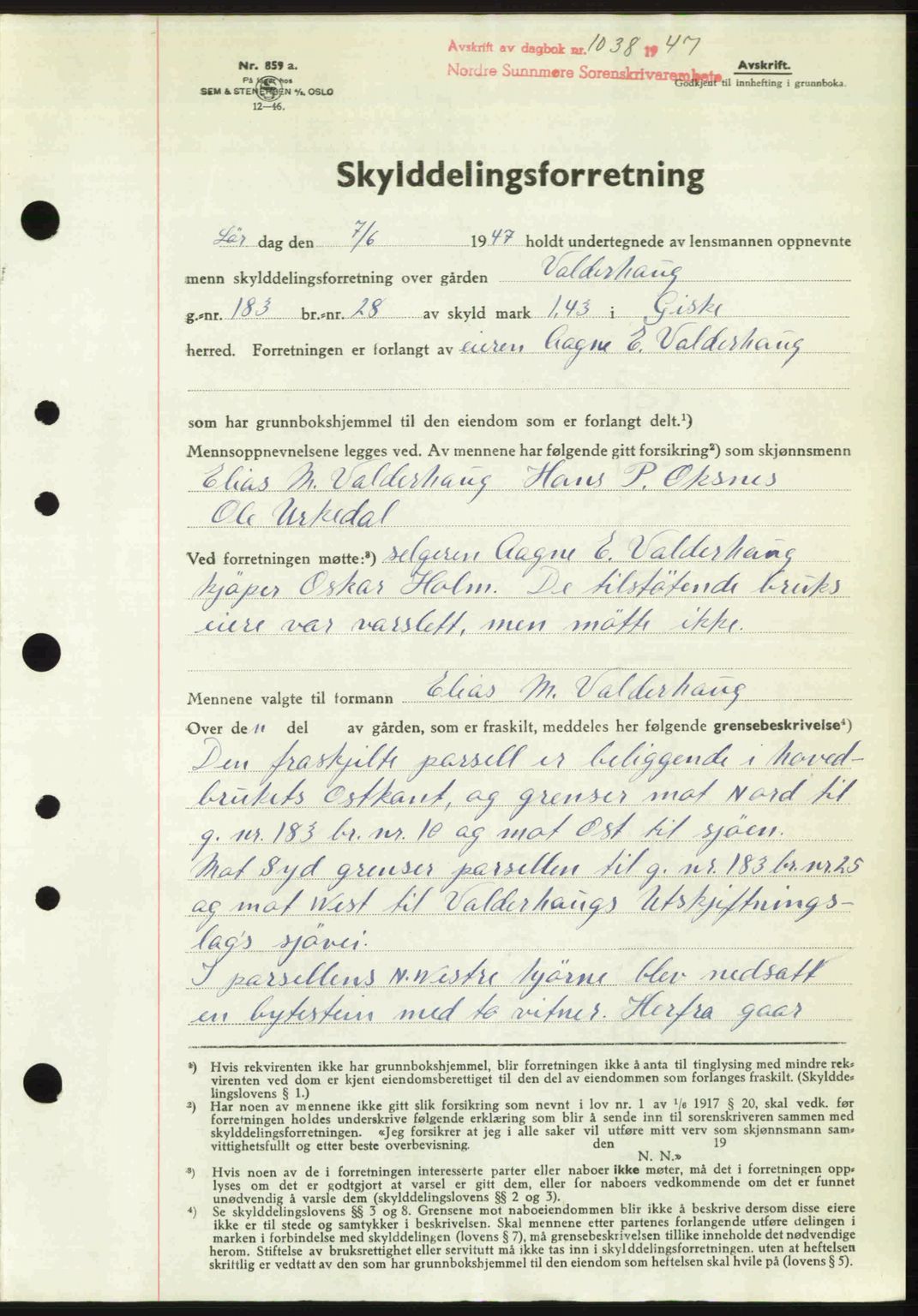 Nordre Sunnmøre sorenskriveri, AV/SAT-A-0006/1/2/2C/2Ca: Mortgage book no. A24, 1947-1947, Diary no: : 1038/1947