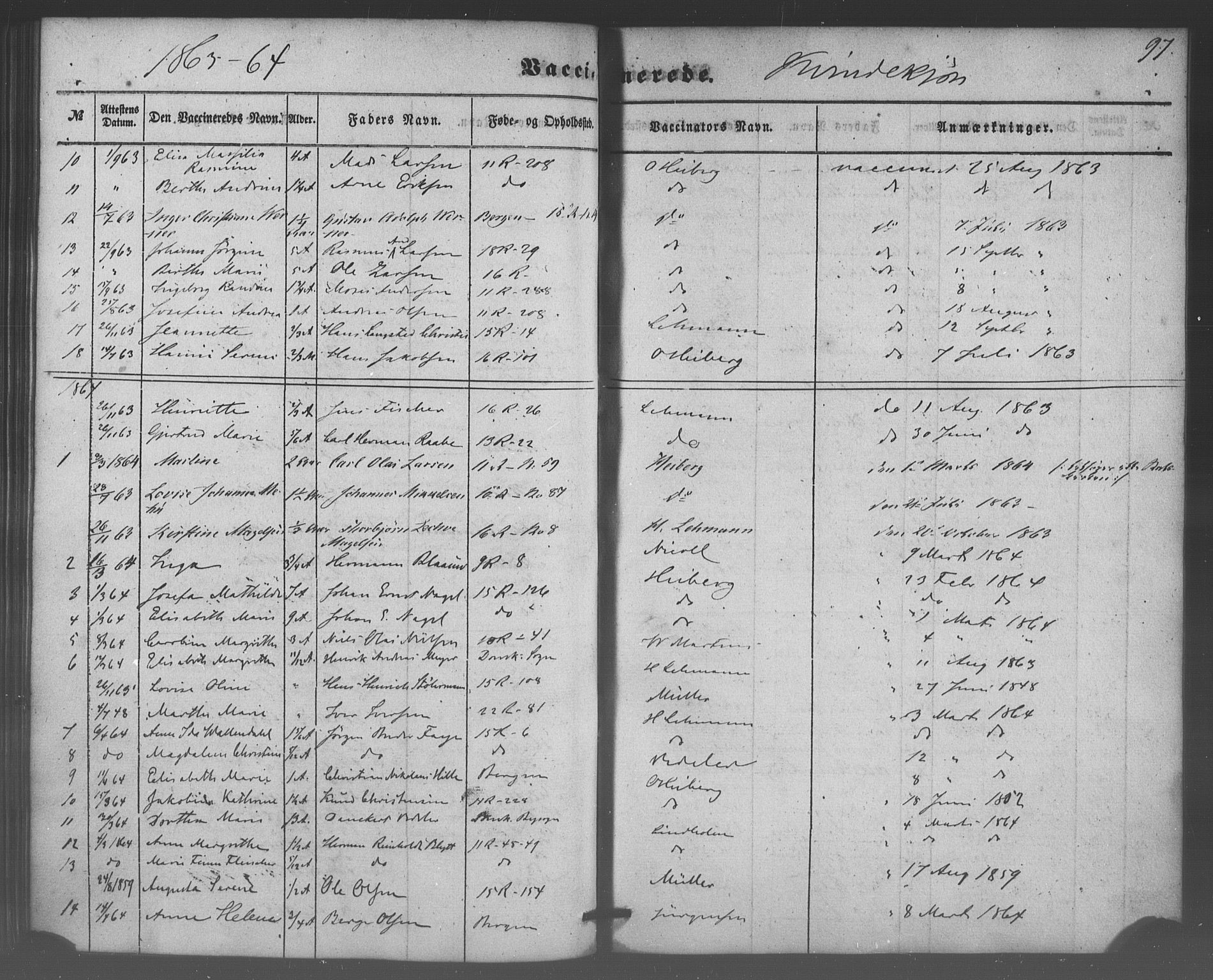 Domkirken sokneprestembete, SAB/A-74801/H/Haa/L0047: Parish register (official) no. F 2, 1852-1868, p. 97