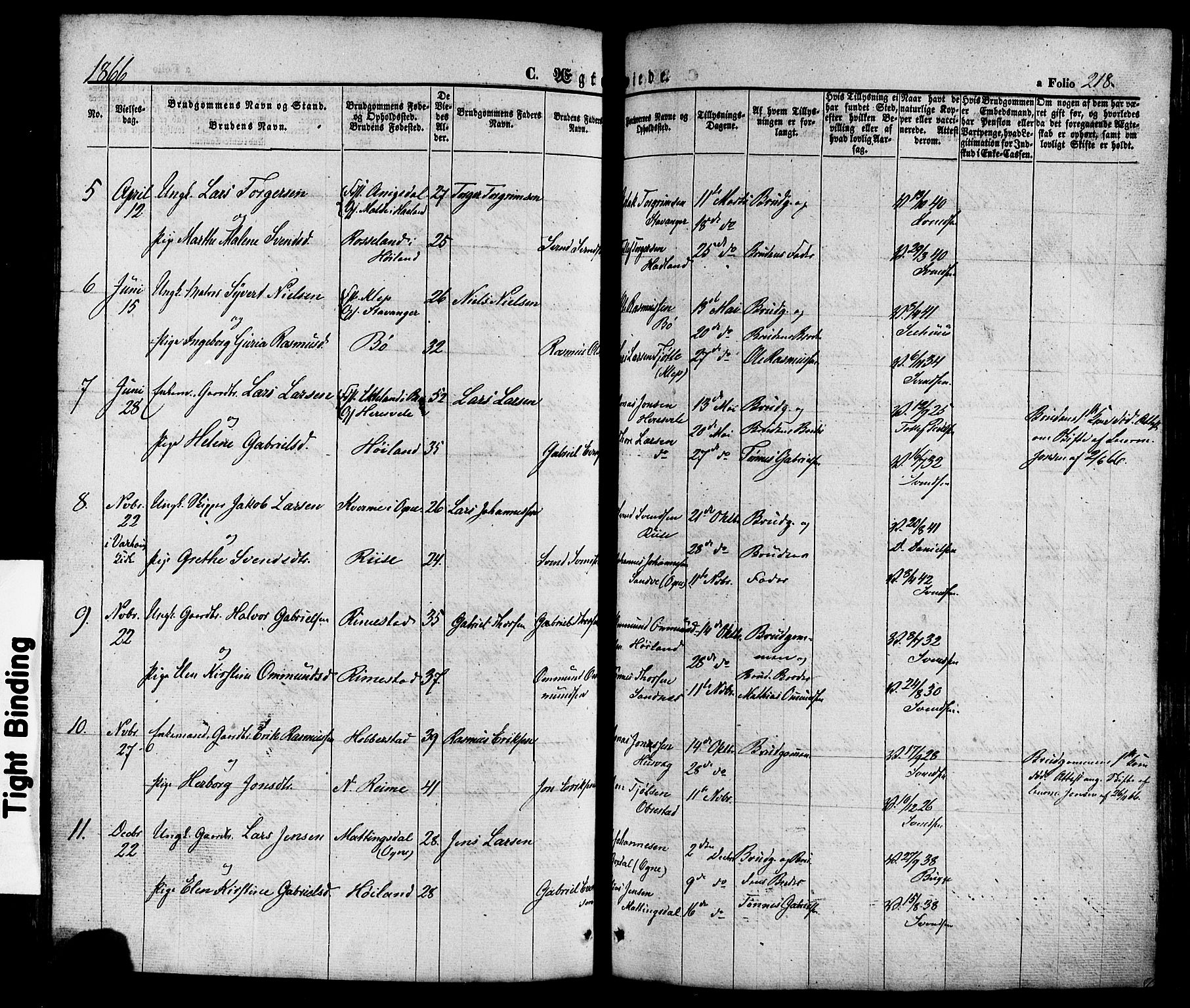 Hå sokneprestkontor, AV/SAST-A-101801/001/30BA/L0008: Parish register (official) no. A 7, 1853-1878, p. 218