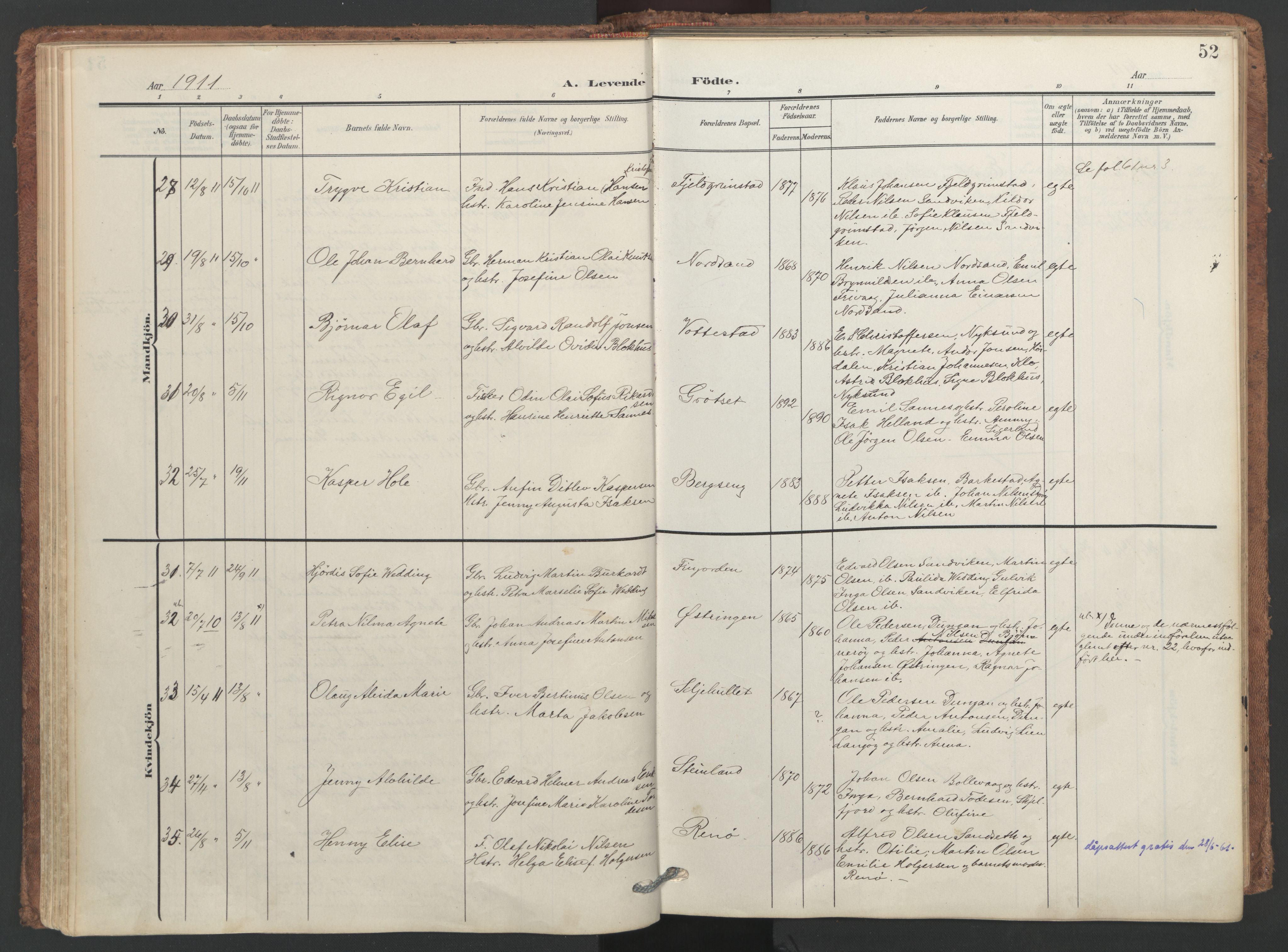 Ministerialprotokoller, klokkerbøker og fødselsregistre - Nordland, SAT/A-1459/893/L1339: Parish register (official) no. 893A11, 1904-1914, p. 52