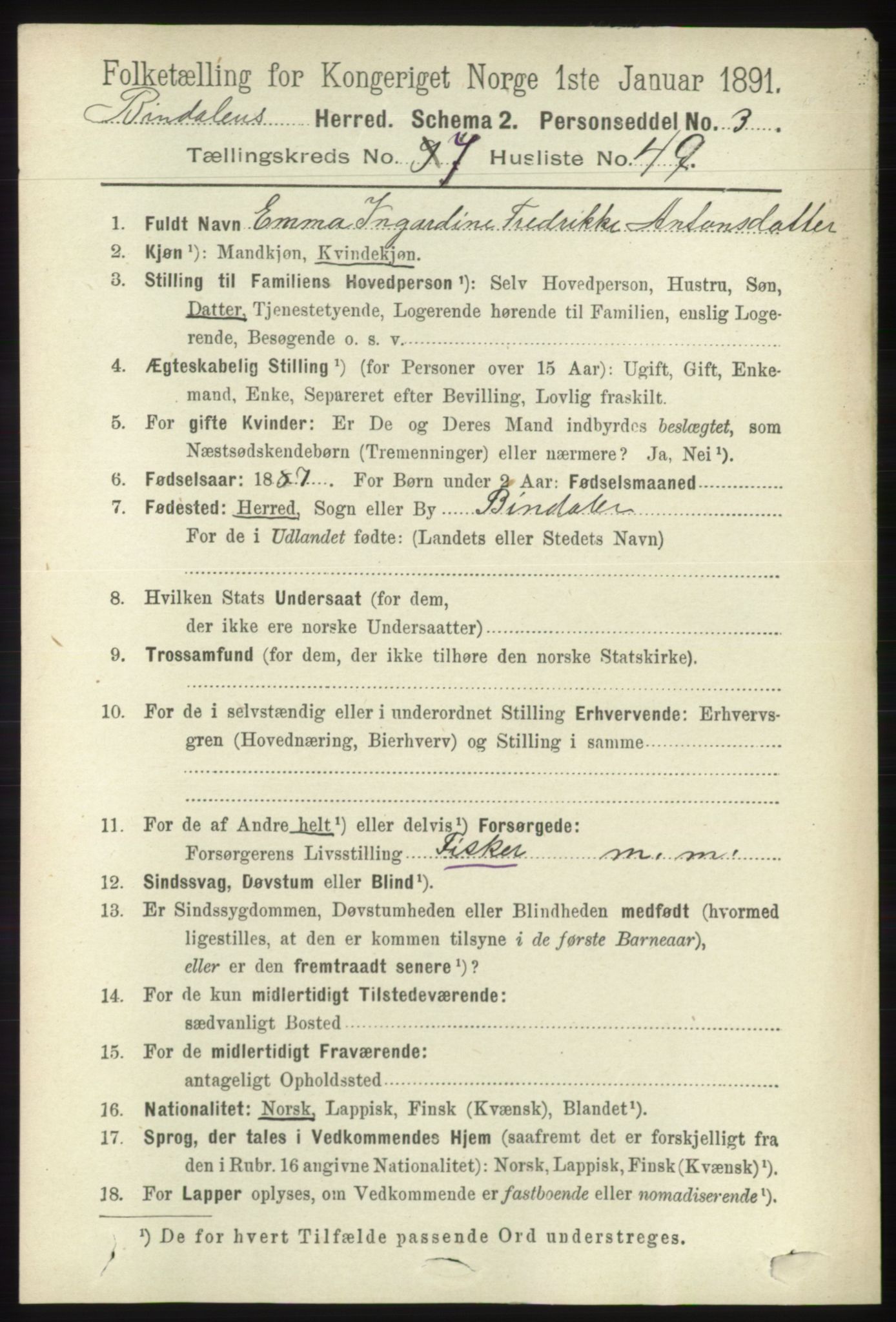 RA, 1891 census for 1811 Bindal, 1891, p. 2559