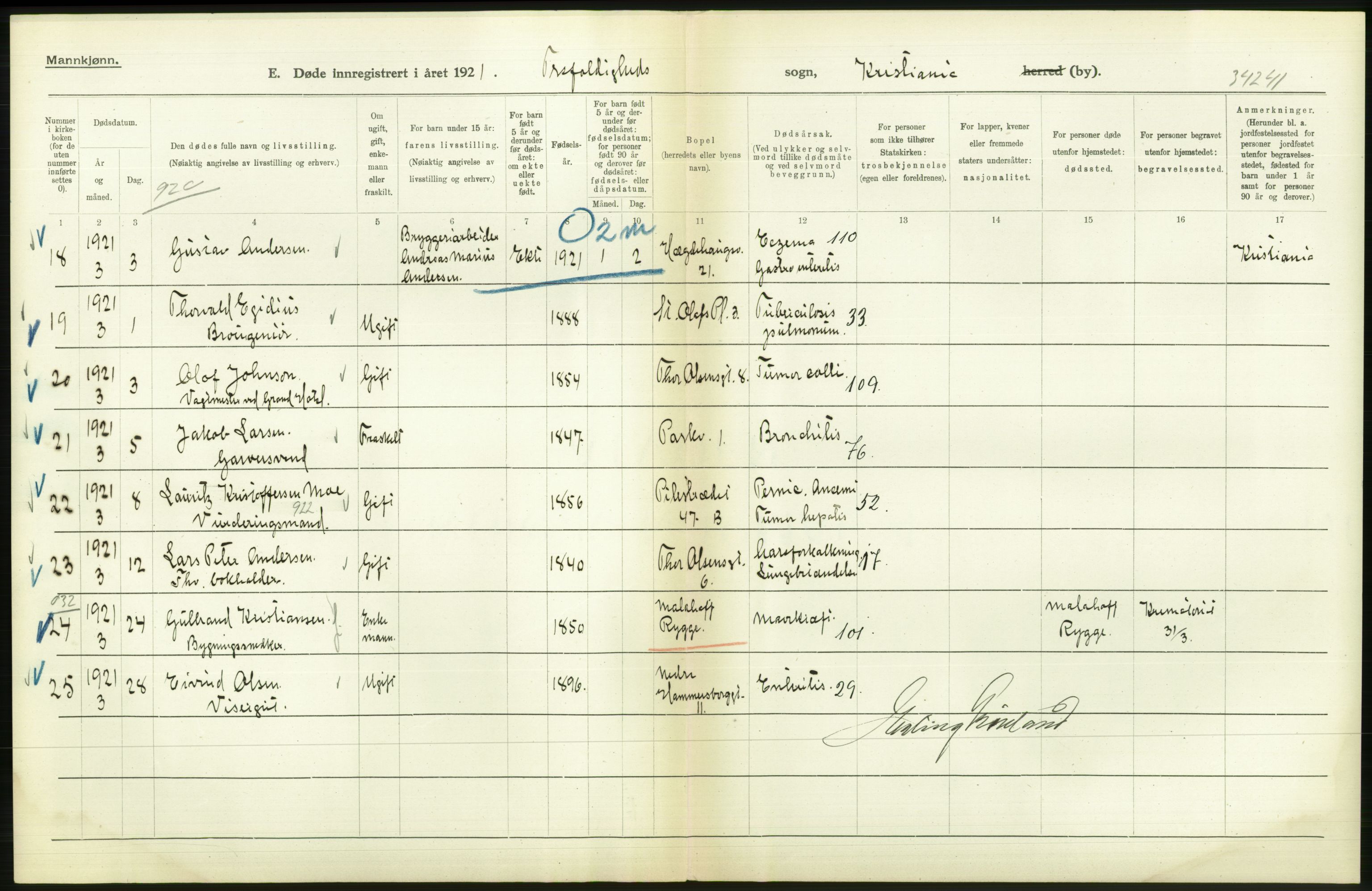 Statistisk sentralbyrå, Sosiodemografiske emner, Befolkning, AV/RA-S-2228/D/Df/Dfc/Dfca/L0012: Kristiania: Døde, 1921, p. 474