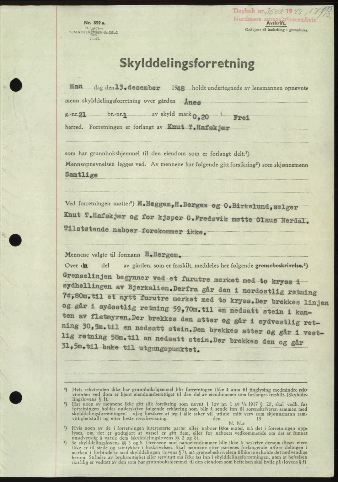 Nordmøre sorenskriveri, AV/SAT-A-4132/1/2/2Ca: Mortgage book no. A110, 1948-1949, Diary no: : 3508/1948