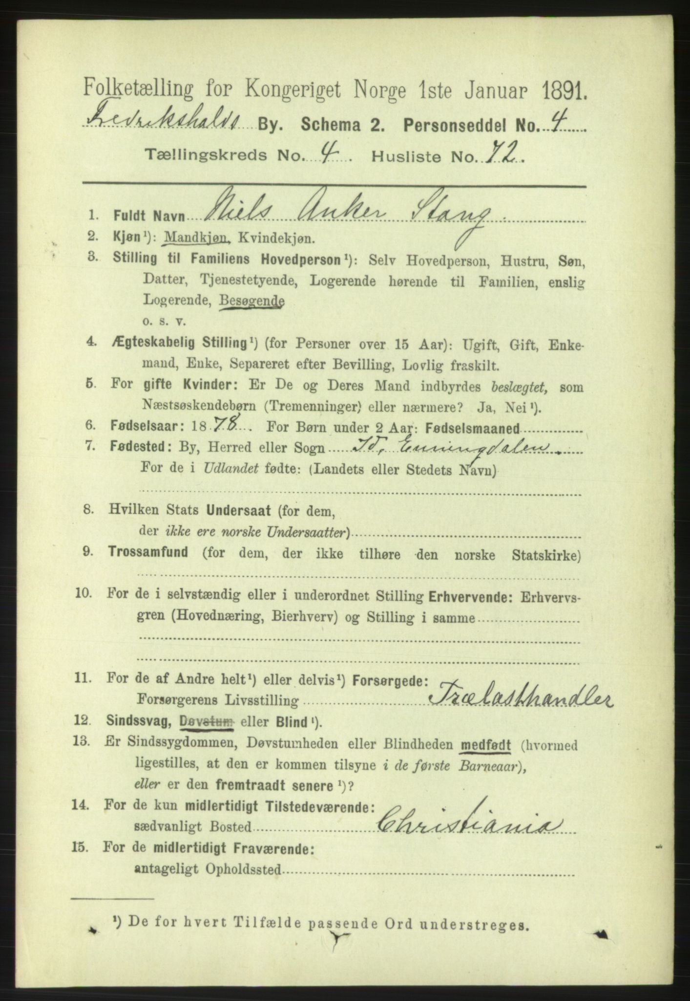 RA, 1891 census for 0101 Fredrikshald, 1891, p. 4048