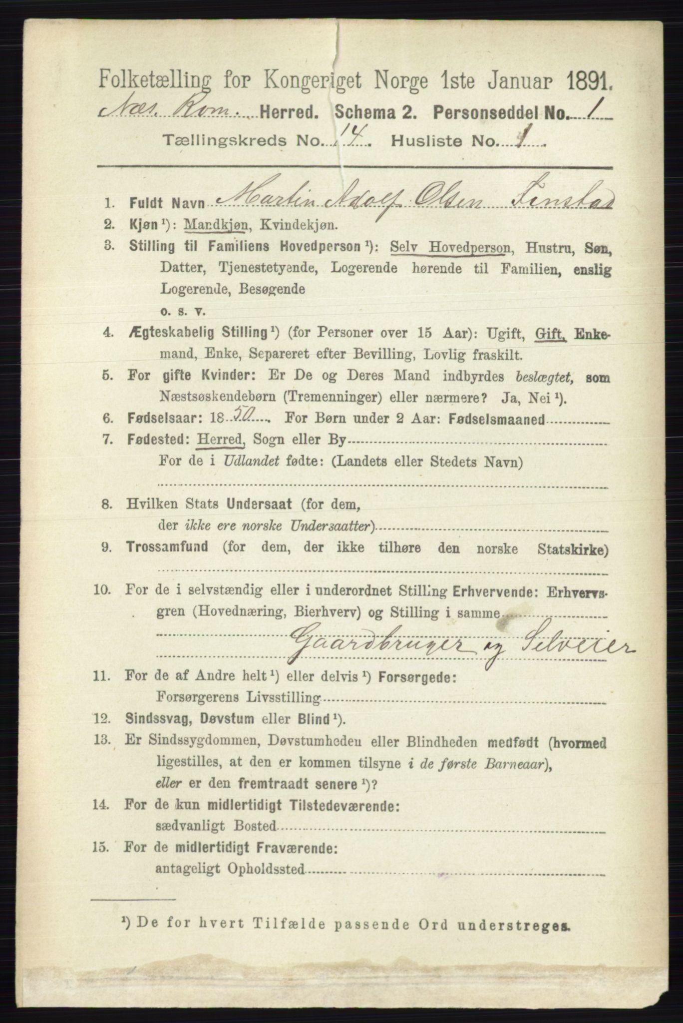 RA, 1891 census for 0236 Nes, 1891, p. 8503