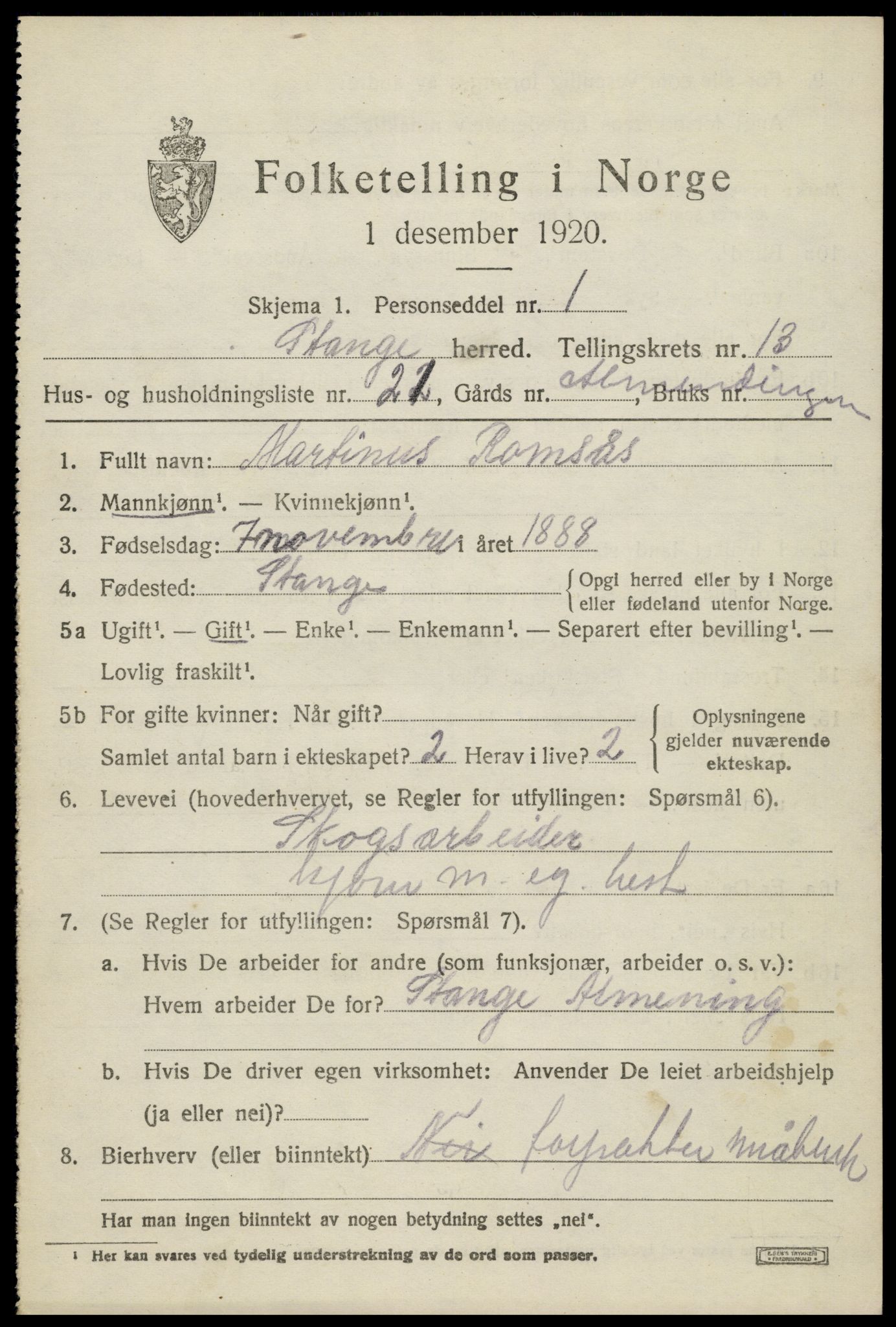 SAH, 1920 census for Stange, 1920, p. 19643