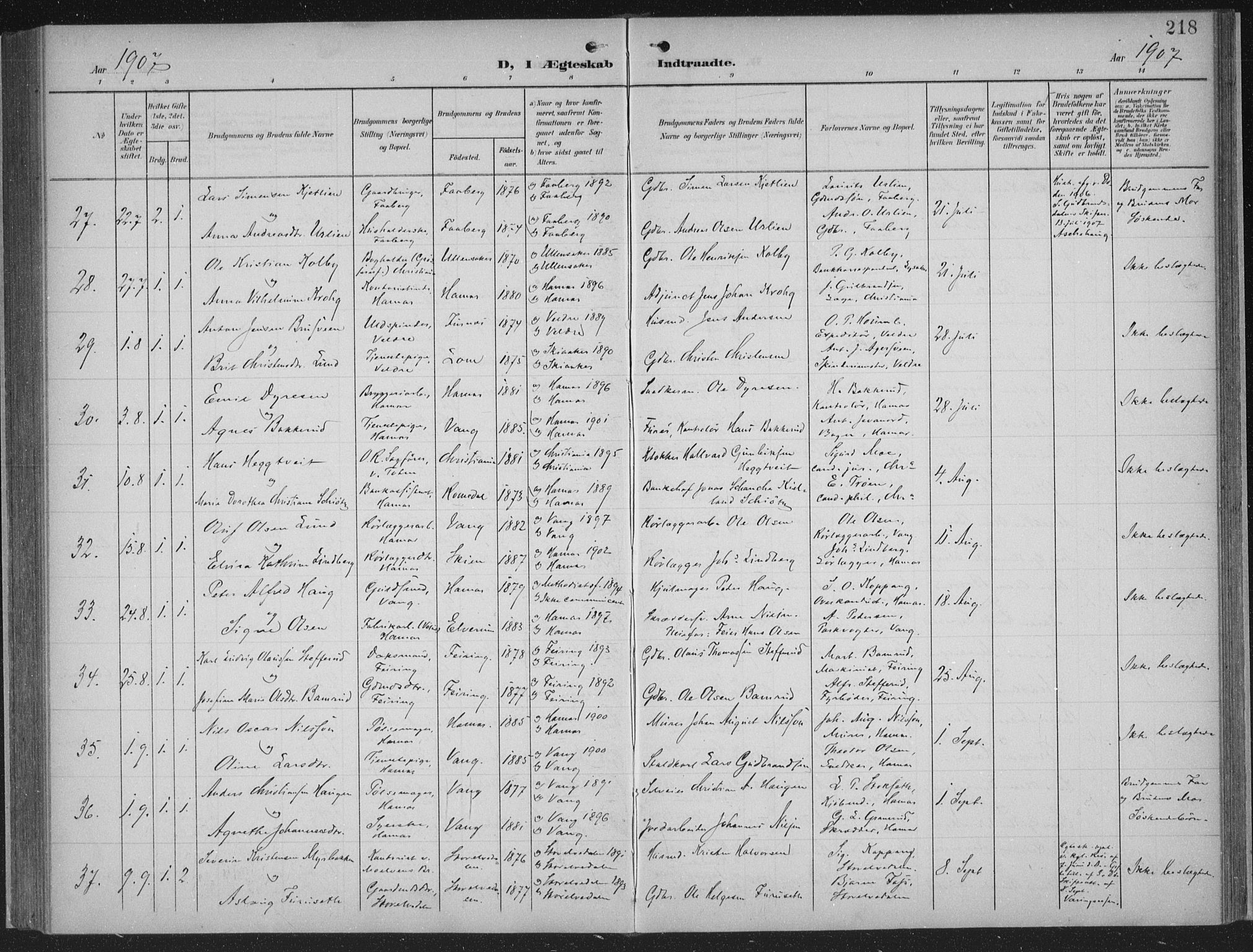 Hamar prestekontor, AV/SAH-DOMPH-002/H/Ha/Haa/L0001: Parish register (official) no. 1, 1900-1914, p. 218