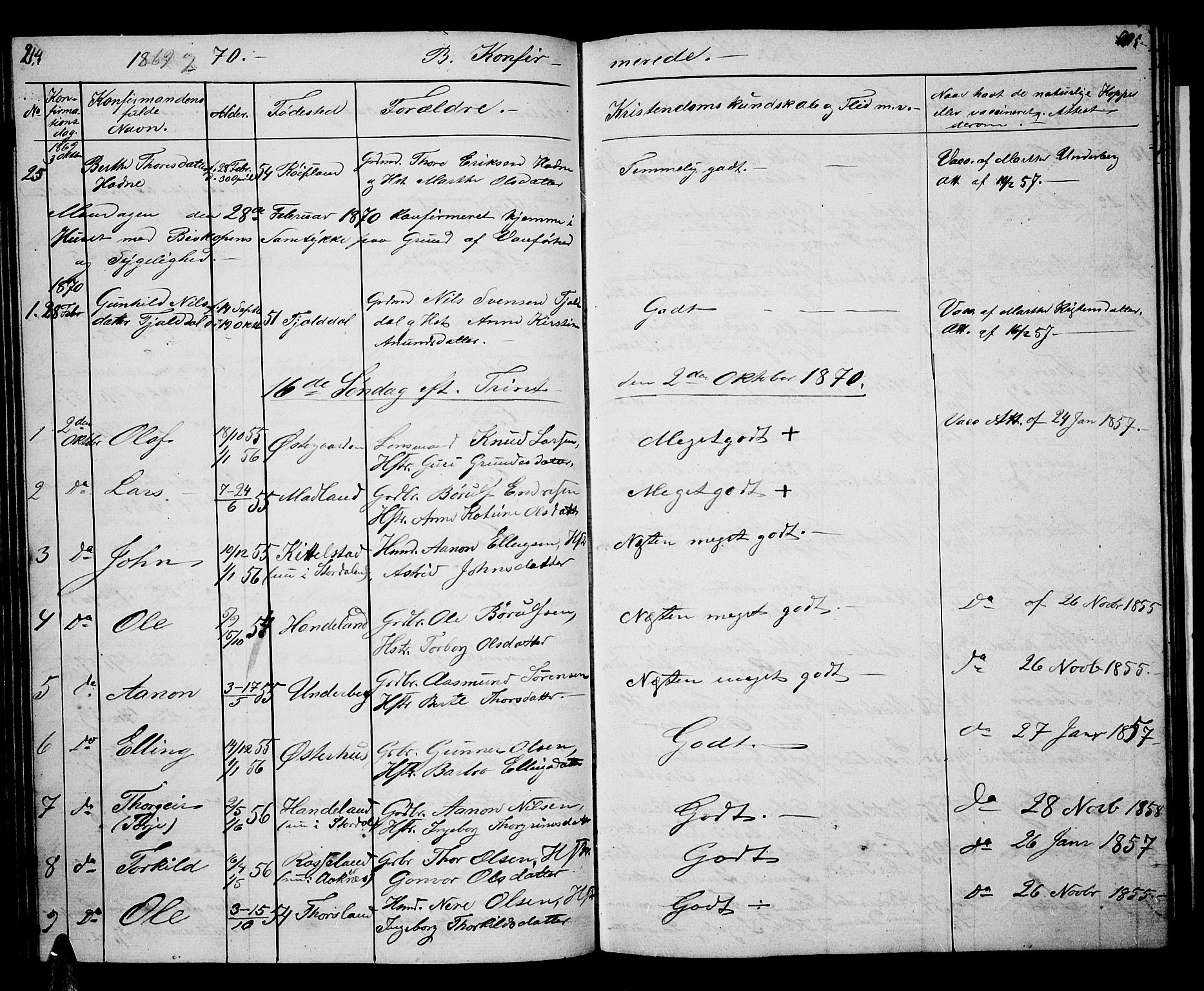 Åseral sokneprestkontor, AV/SAK-1111-0051/F/Fb/L0001: Parish register (copy) no. B 1, 1856-1877, p. 214-215