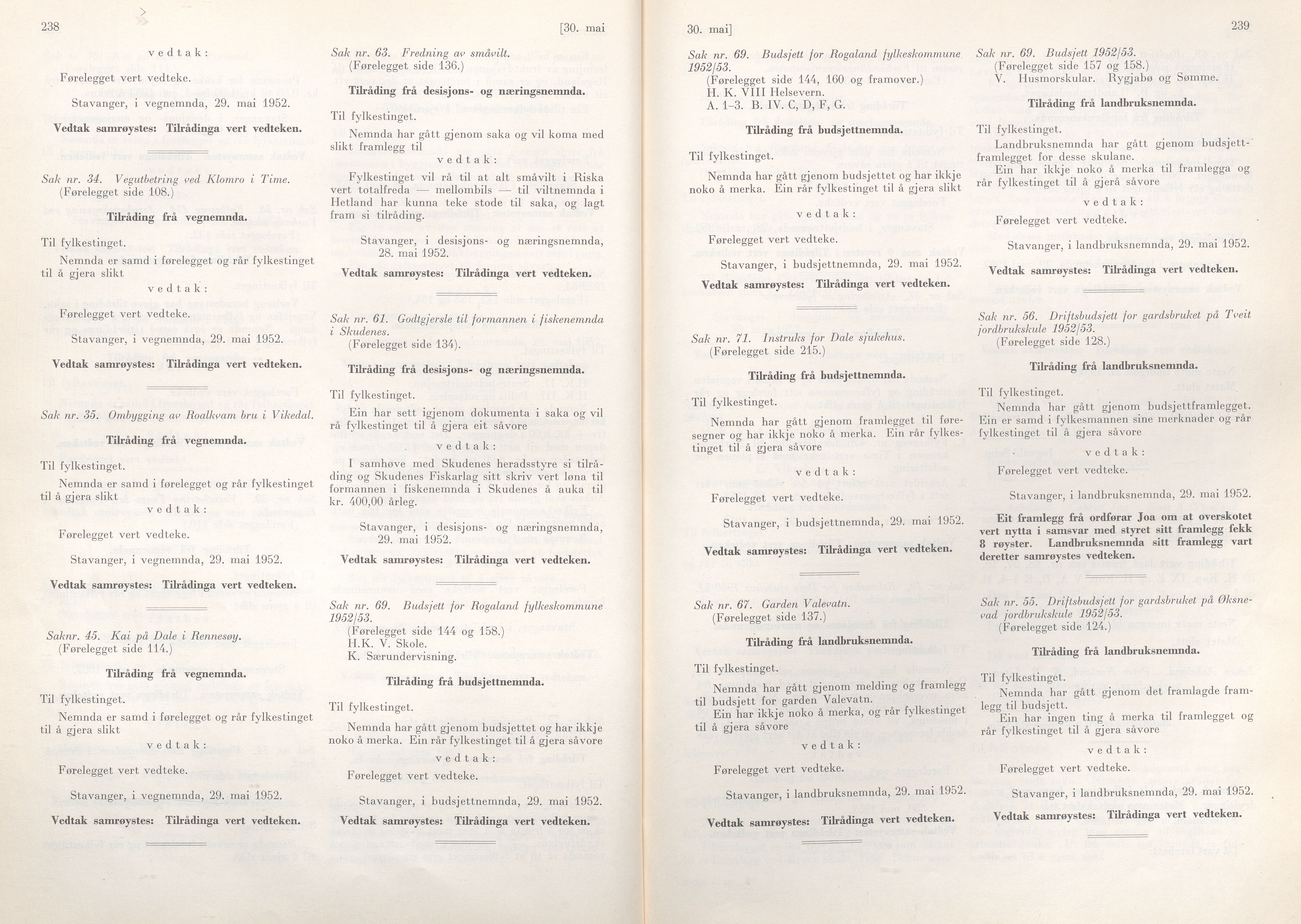 Rogaland fylkeskommune - Fylkesrådmannen , IKAR/A-900/A/Aa/Aaa/L0071: Møtebok , 1952, p. 238-239