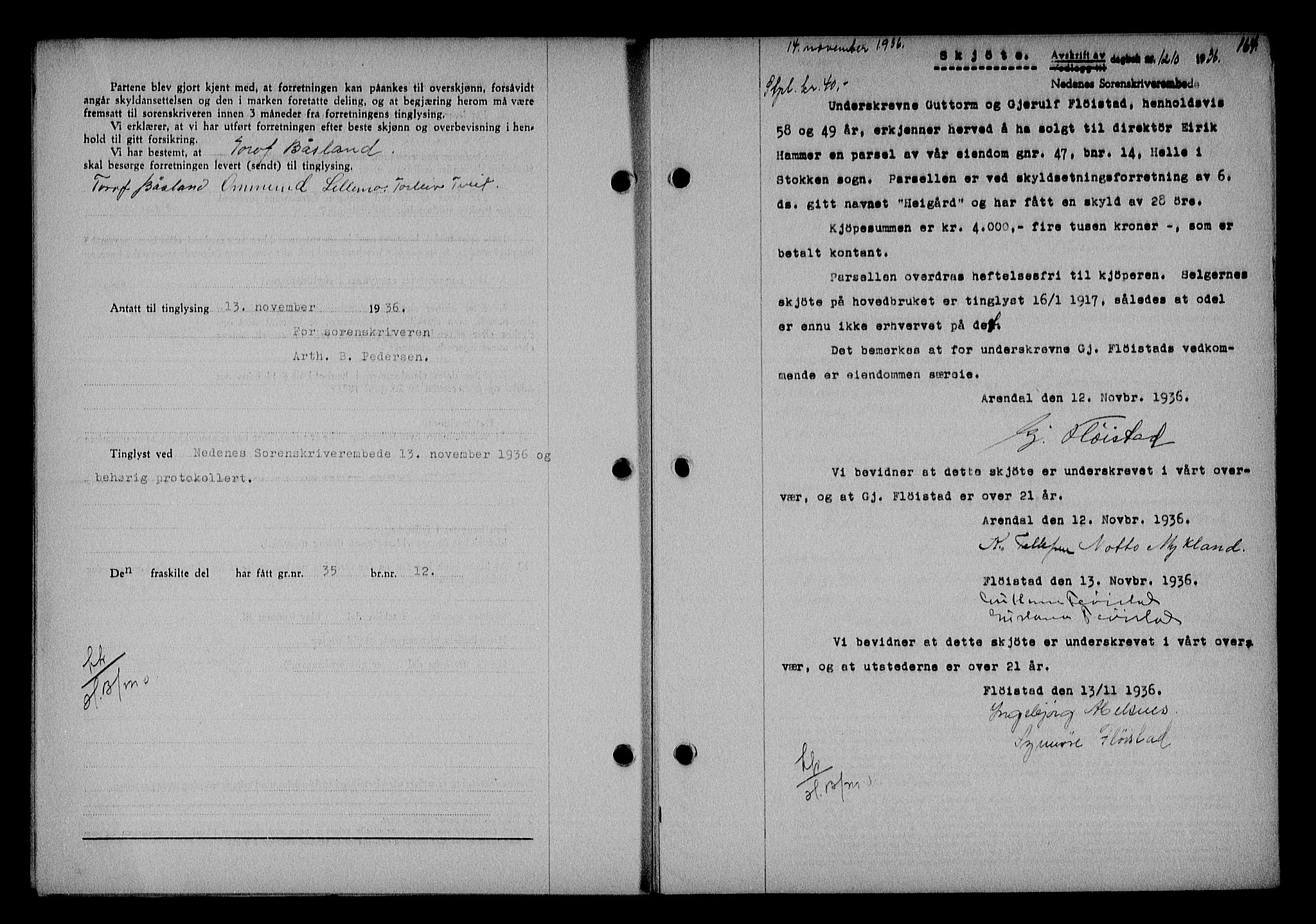 Nedenes sorenskriveri, SAK/1221-0006/G/Gb/Gba/L0043: Mortgage book no. 39, 1936-1937, Diary no: : 1210/1936