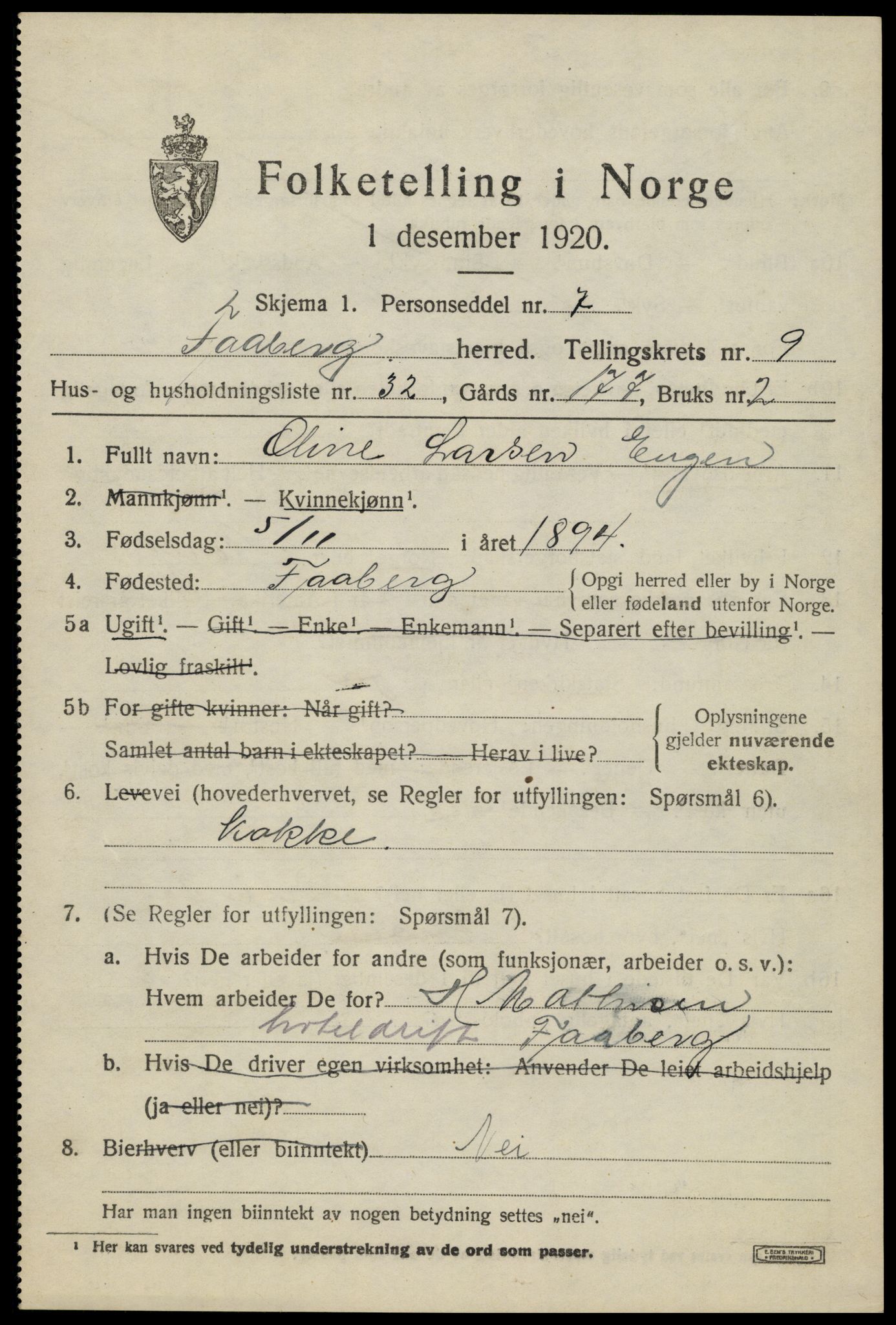 SAH, 1920 census for Fåberg, 1920, p. 10466