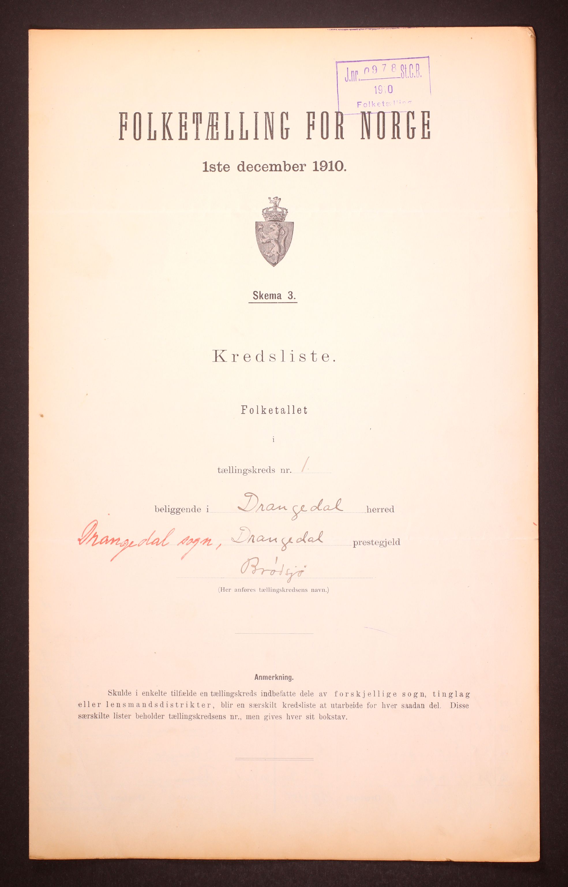RA, 1910 census for Drangedal, 1910, p. 4