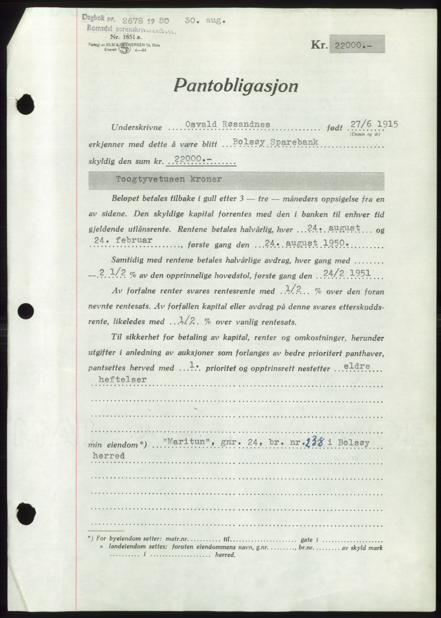 Romsdal sorenskriveri, AV/SAT-A-4149/1/2/2C: Mortgage book no. B5, 1949-1950, Diary no: : 2678/1950