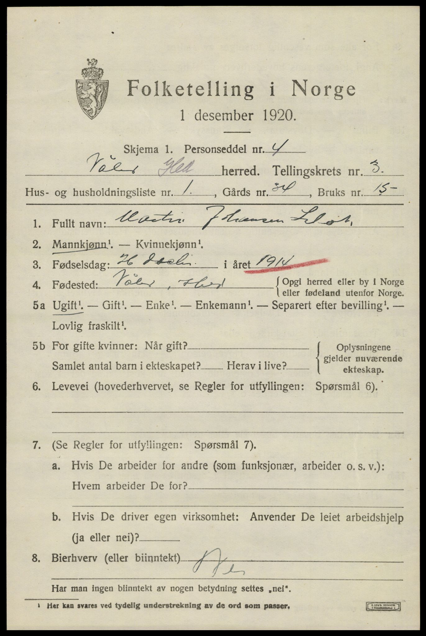 SAH, 1920 census for Våler (Hedmark), 1920, p. 3371