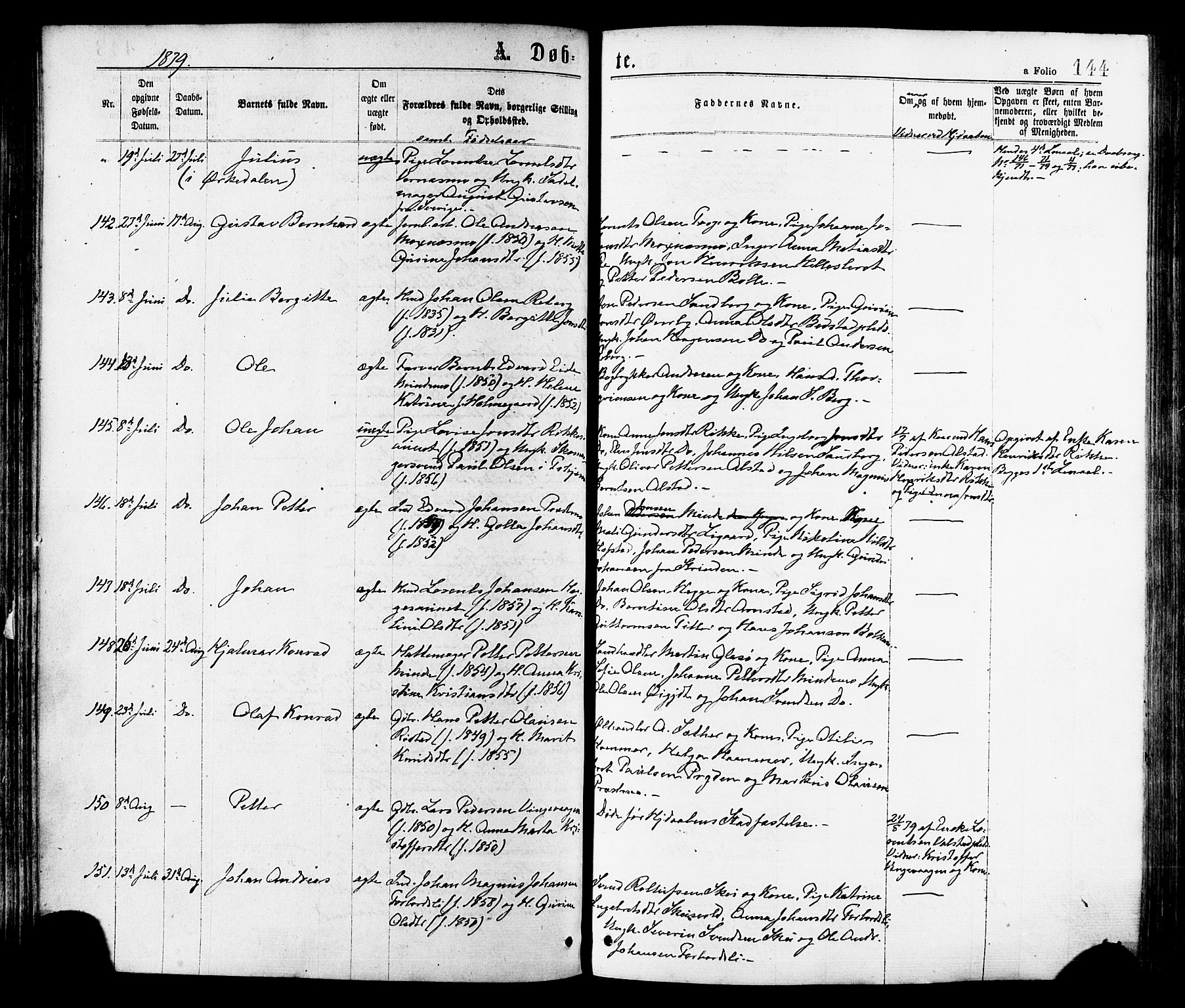 Ministerialprotokoller, klokkerbøker og fødselsregistre - Nord-Trøndelag, AV/SAT-A-1458/709/L0076: Parish register (official) no. 709A16, 1871-1879, p. 144