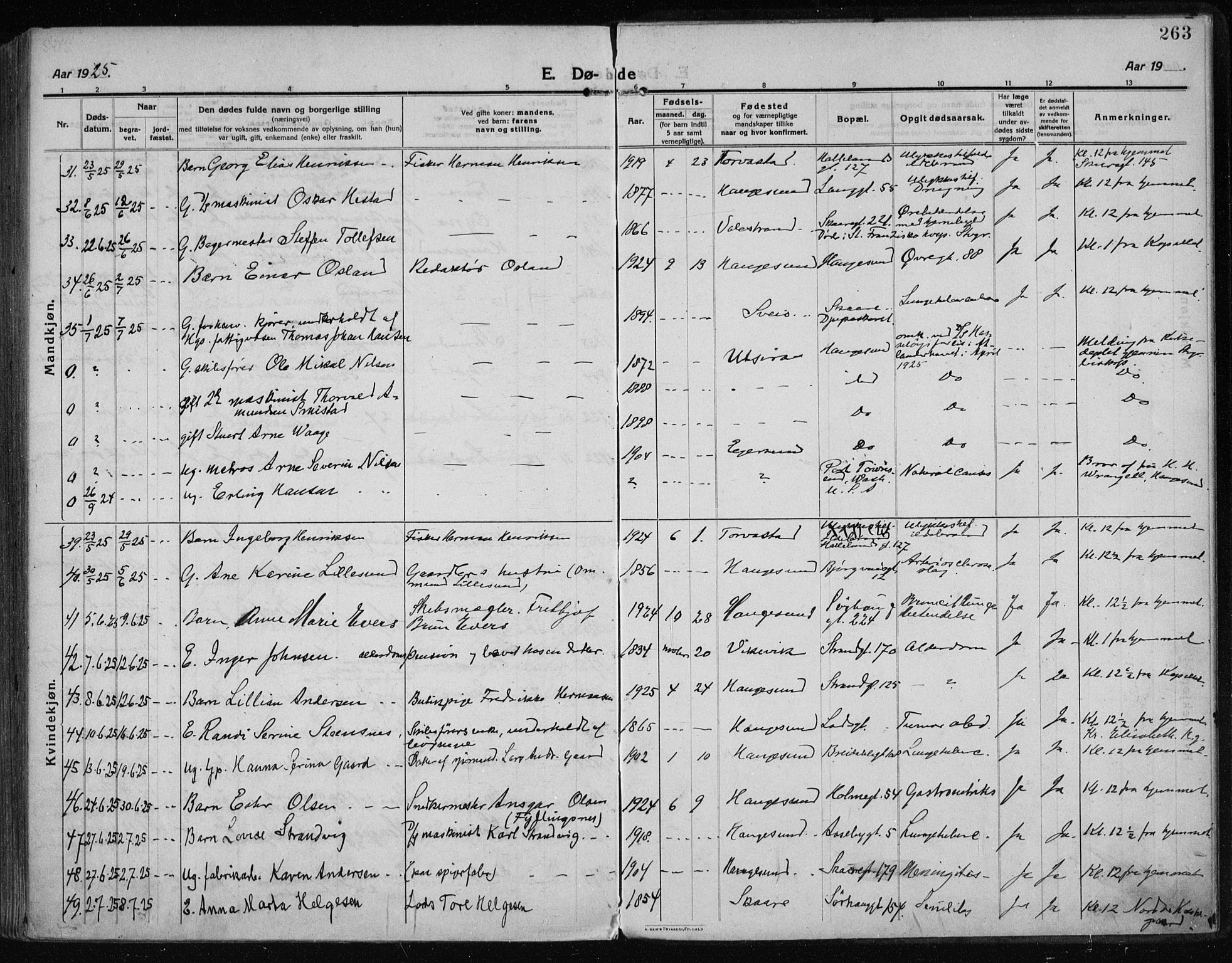 Haugesund sokneprestkontor, AV/SAST-A -101863/H/Ha/Haa/L0009: Parish register (official) no. A 9, 1914-1929, p. 263