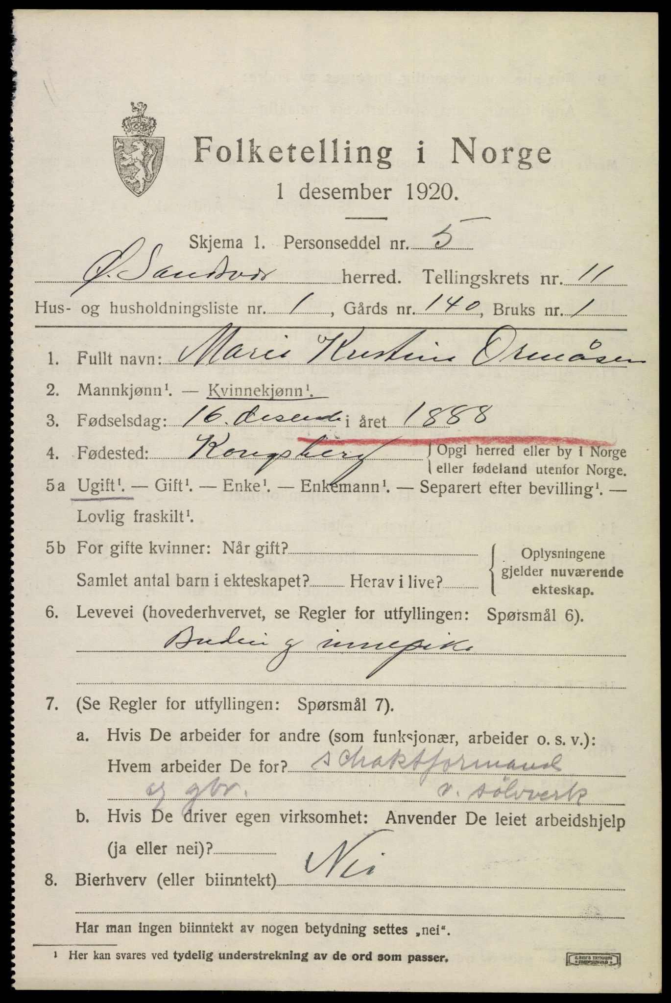 SAKO, 1920 census for Øvre Sandsvær, 1920, p. 5738